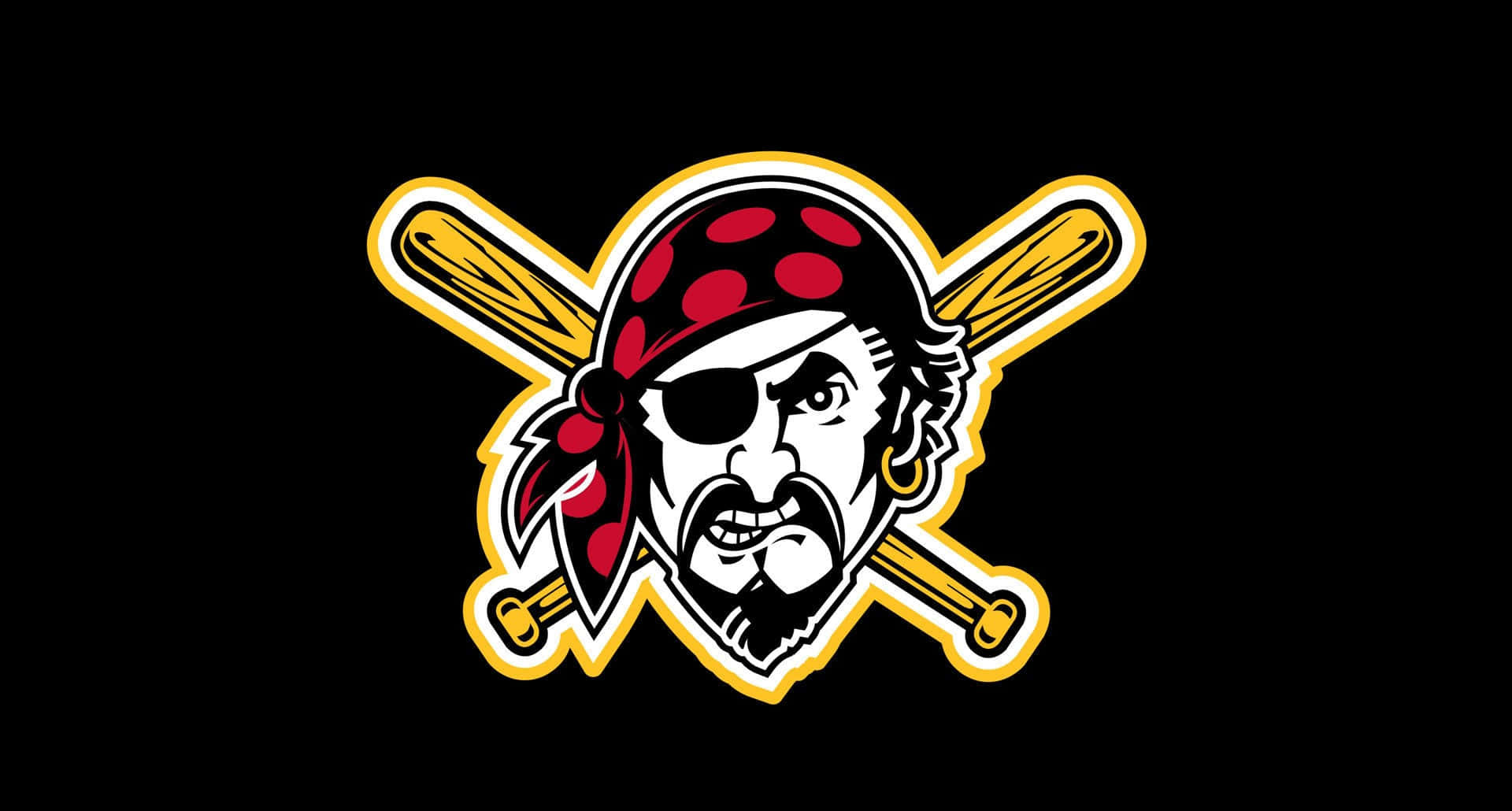 MLB Teams 桌布 壁紙 — 一個兇猛的海盜吉祥物，戴著紅色圓點頭巾和眼罩，站在黑色背景上交錯的金色棒球棒後面。