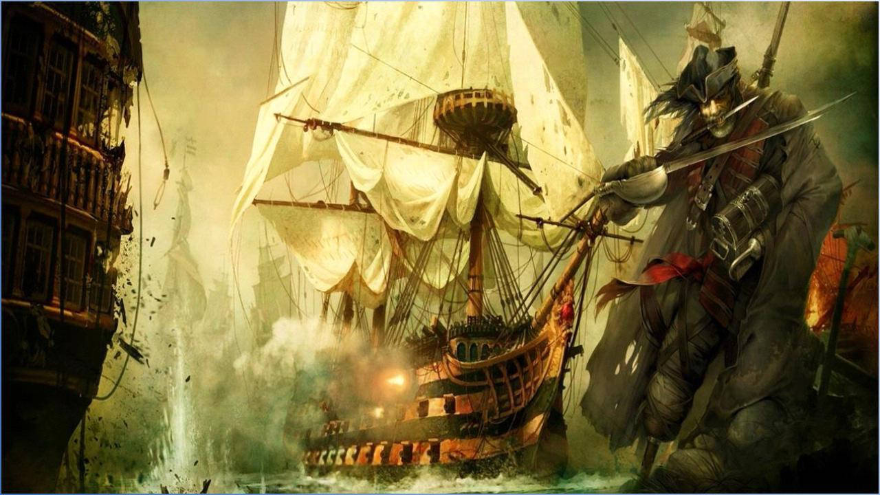 海盜 桌布 壁紙 — 一個兇猛的海盜戰士，眼睛發光，手持劍，站在戰艦上，身處煙霧和飛濺波浪的混亂海戰中。