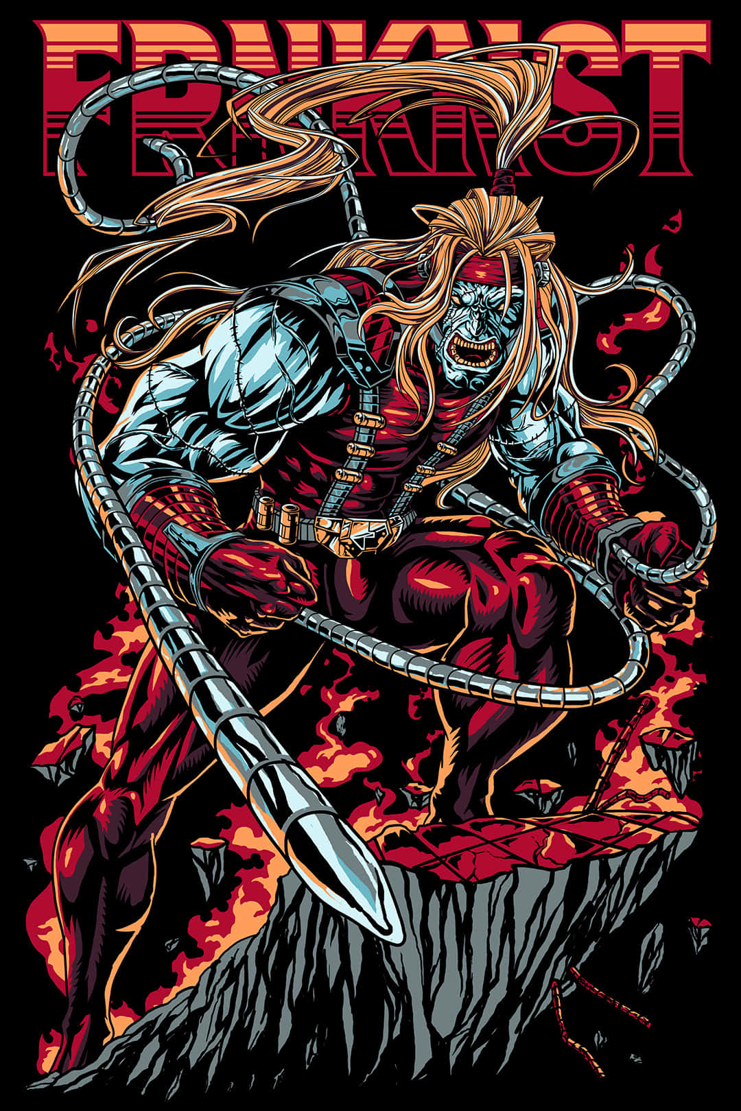 Omega Red 桌布 壁紙 — 一個兇猛的漫畫角色，長長的金髮和機械觸手，站在黑色背景的火焰懸崖上。