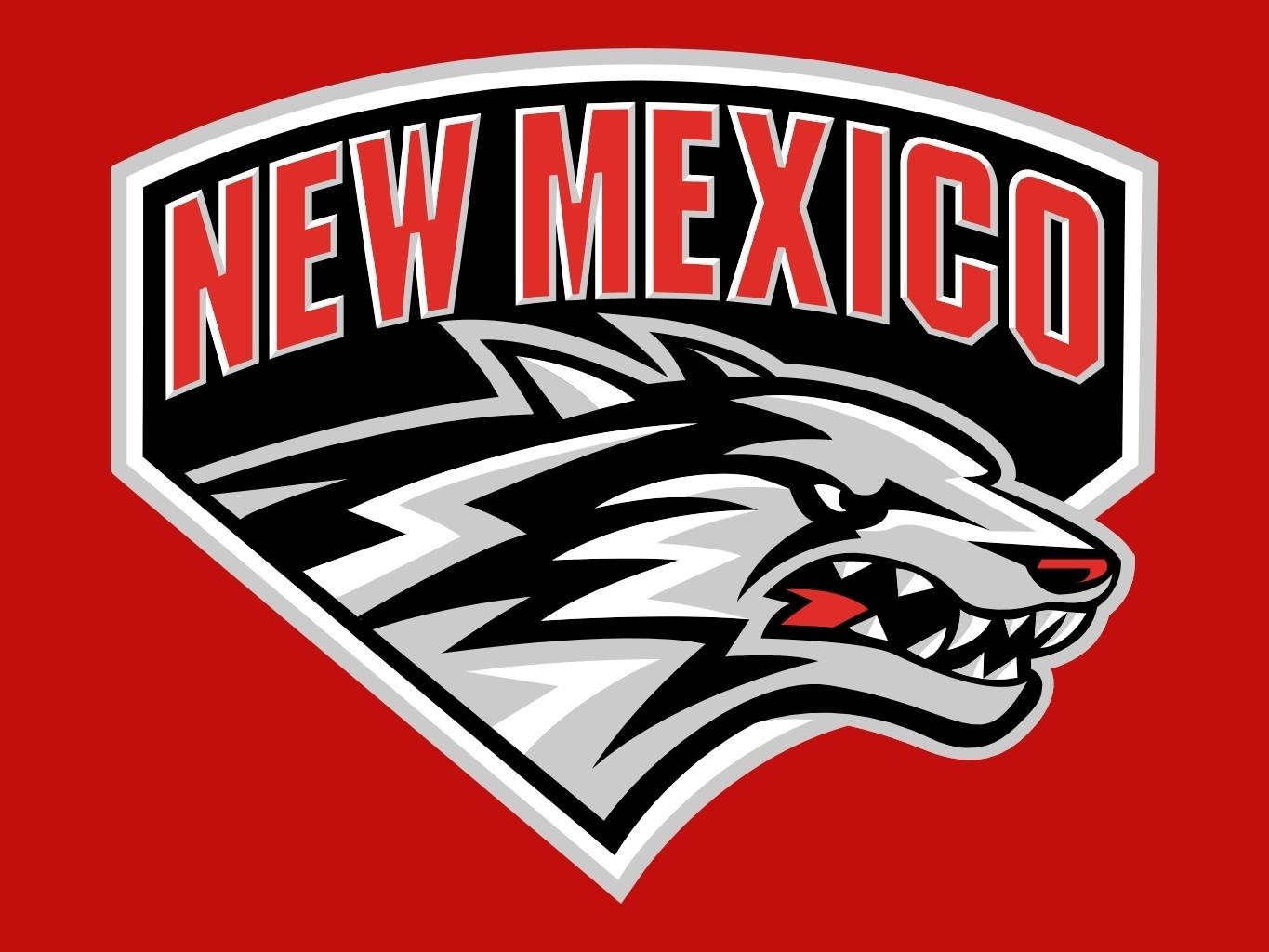 狼 桌布 壁紙 — 一個兇猛的灰色狼頭標誌，帶有紅色點綴和粗體「NEW MEXICO」文字，背景為純紅色。
