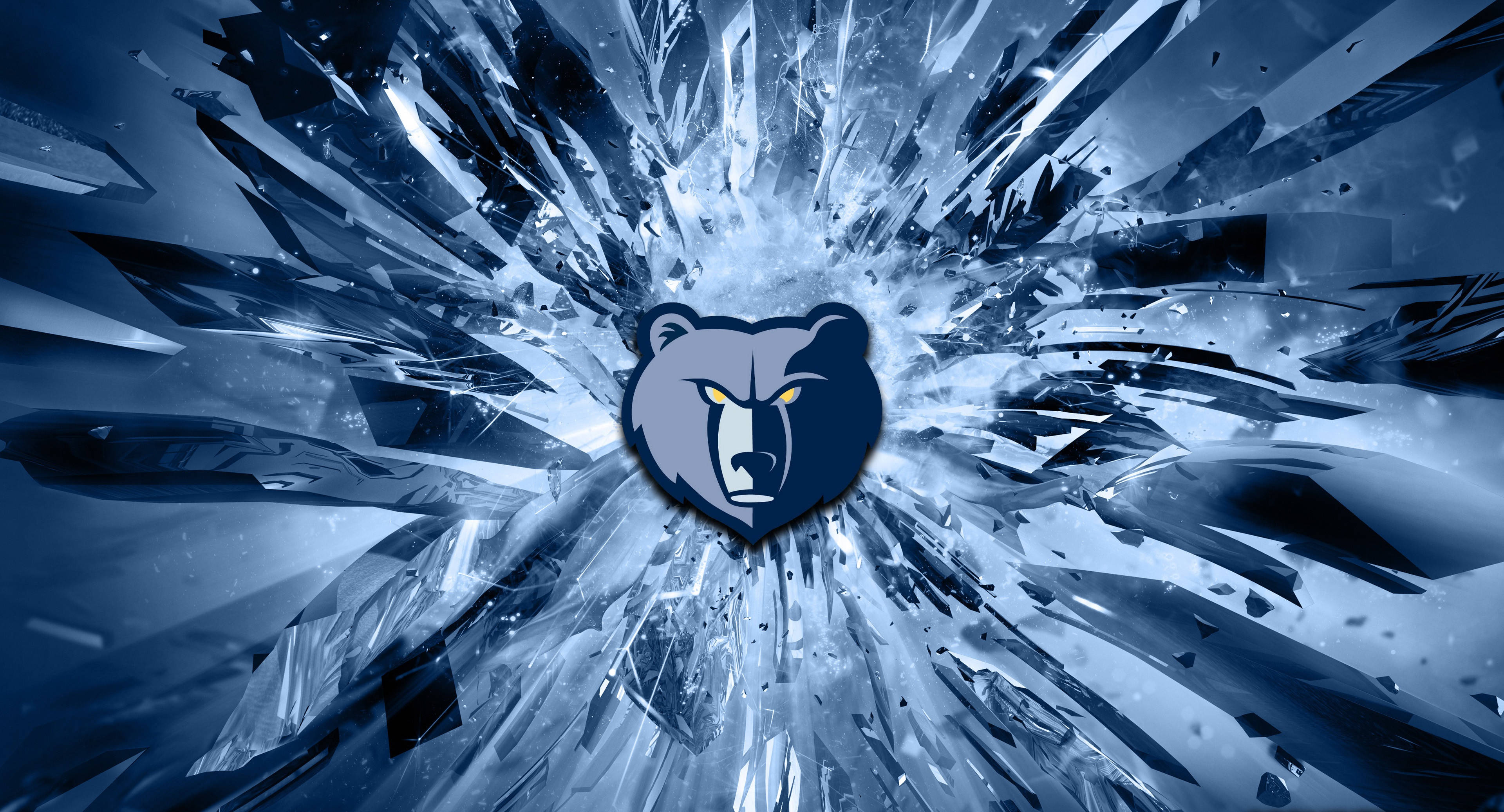 angry bear 桌布 壁紙 — 一個兇猛的熊標誌以冰藍色調和發光的黃色眼睛衝破碎玻璃。