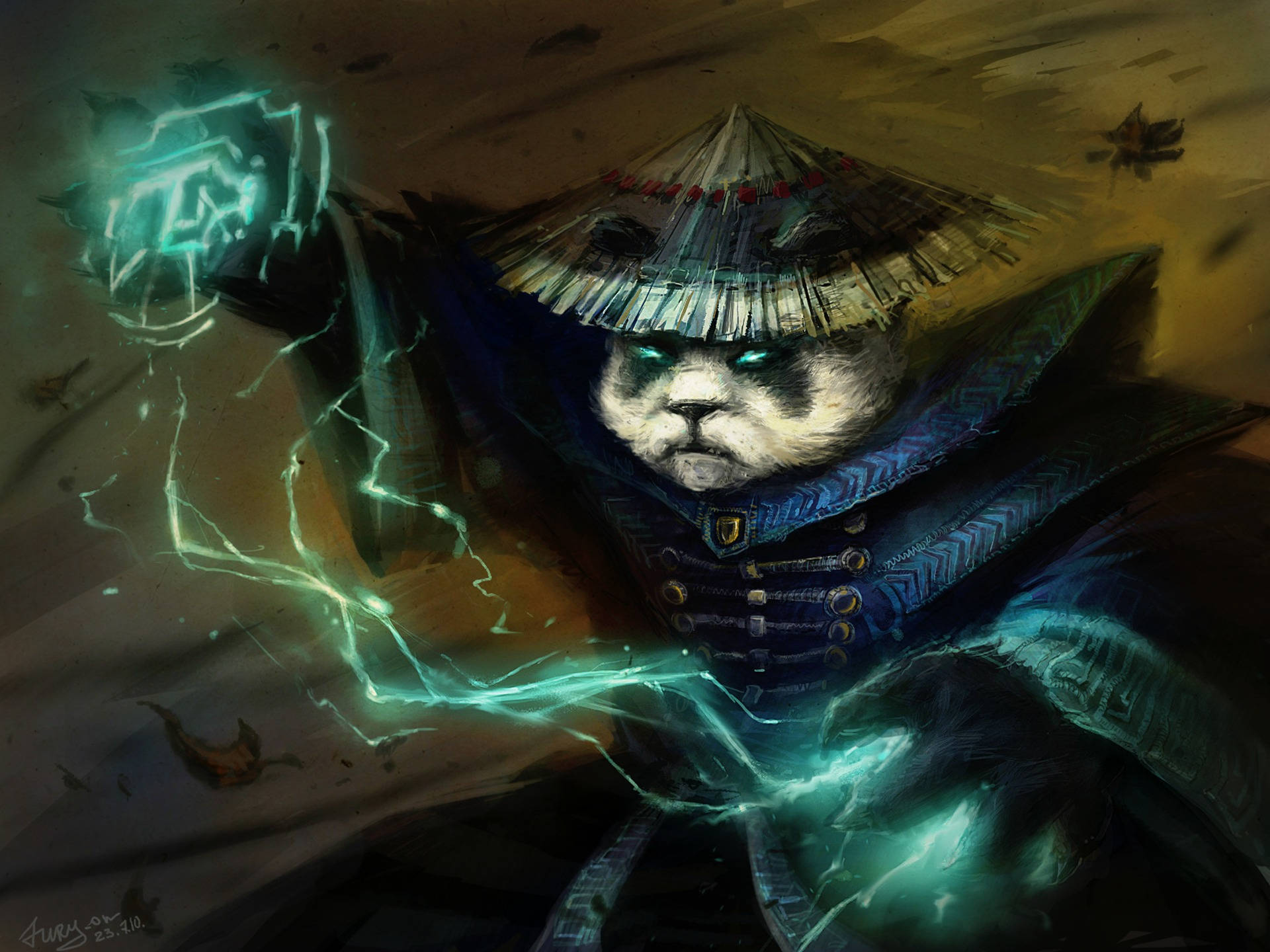dota 2 4K 桌布 壁紙 — 一個兇猛的熊貓戰士，身穿華麗的藍色盔甲和草帽，用發光的眼睛引導發光的綠色閃電。