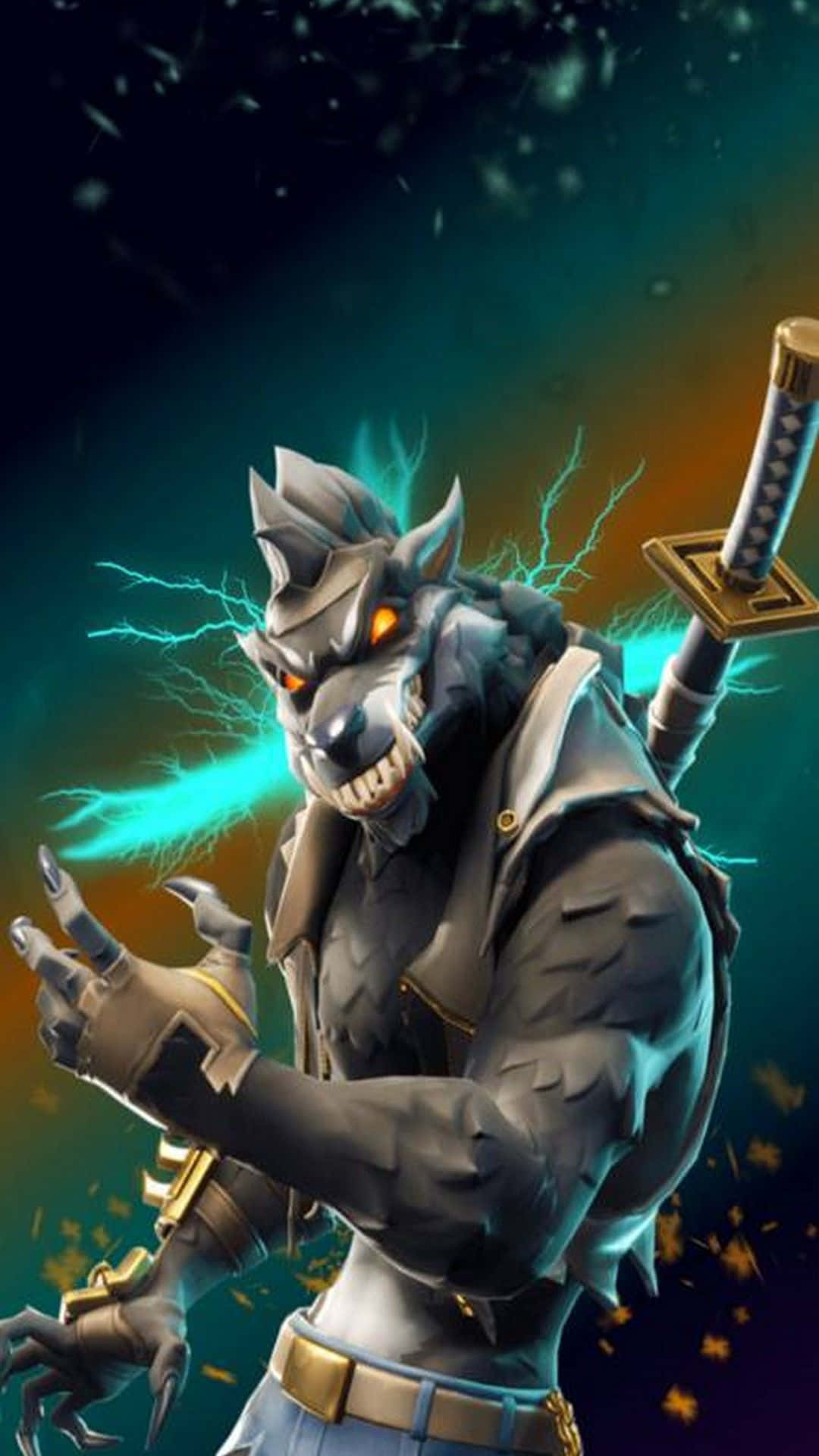 Fortnite 桌布 壁紙 — 一個兇猛的狼戰士，擁有發光的橙色眼睛和電藍色能量在他周圍劈啪作響，他手持劍並伸出帶爪的手。