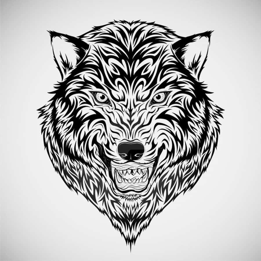 Tribal Wolf 桌布 壁紙 — 一個兇猛的狼頭，以複雜的黑白部落圖案呈現在純色背景上。