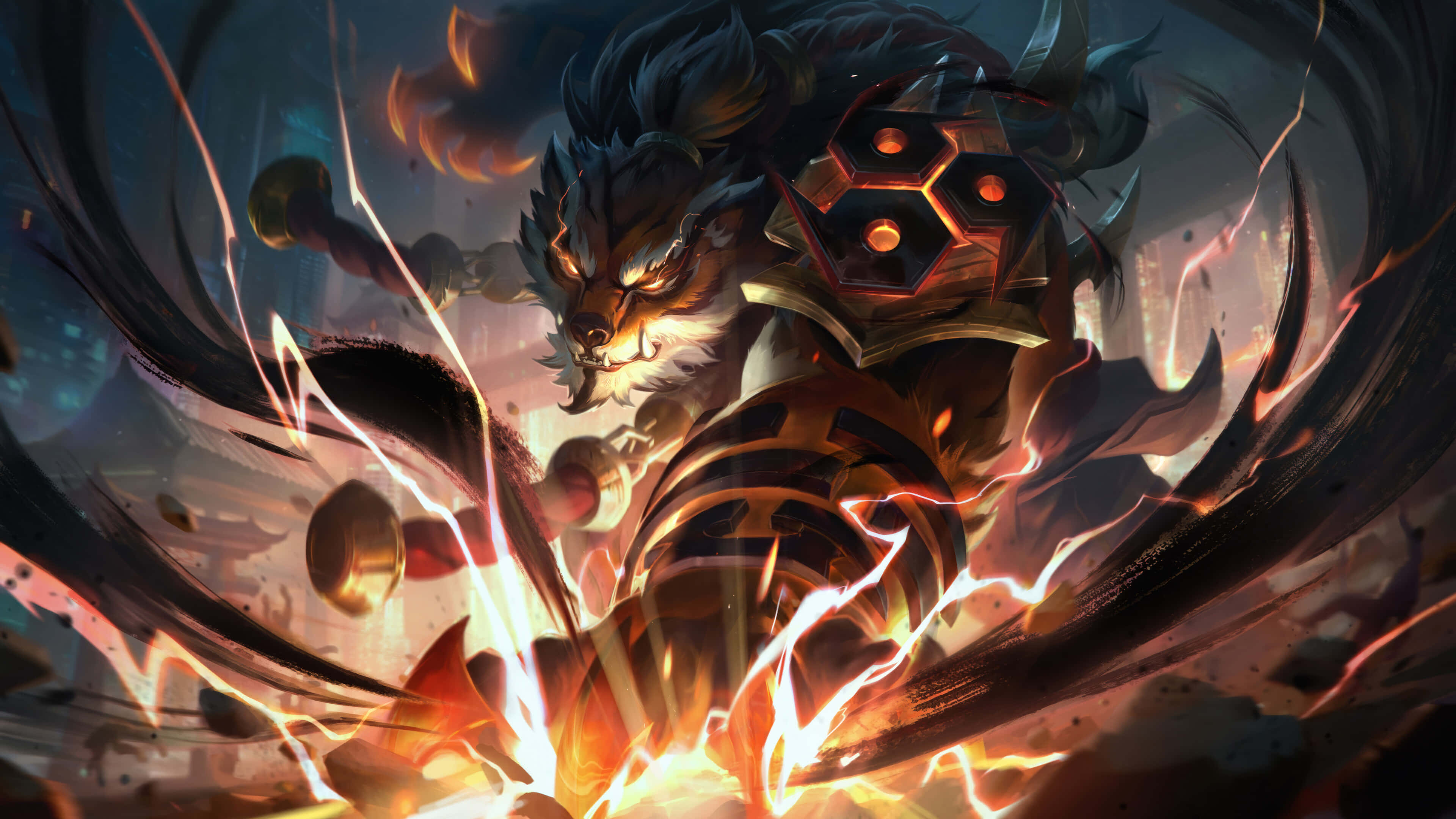 League Of Legends Champions 桌布 壁紙 — 一個兇猛的狼頭戰士身穿華麗盔甲，在動態戰鬥場景中釋放熾熱能量。