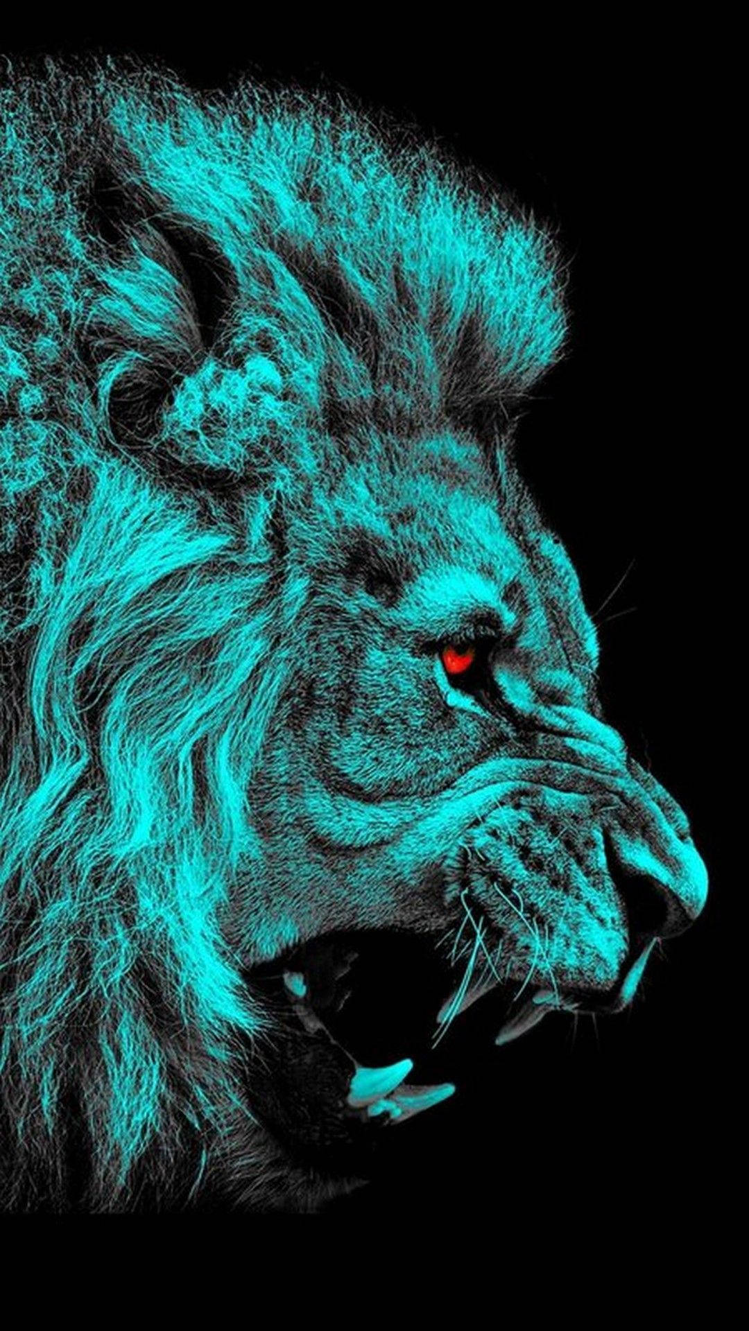 lion roar 桌布 壁紙 — 一個兇猛的獅子頭，發出螢光青色，一隻紅色眼睛，襯托黑色背景。
