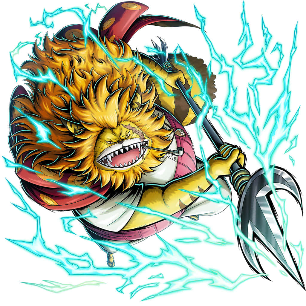 Nekomamushi 桌布 壁紙 — 一個兇猛的獅頭動漫戰士咆哮著，揮舞著被噼啪作響的藍色閃電包圍的三叉戟。