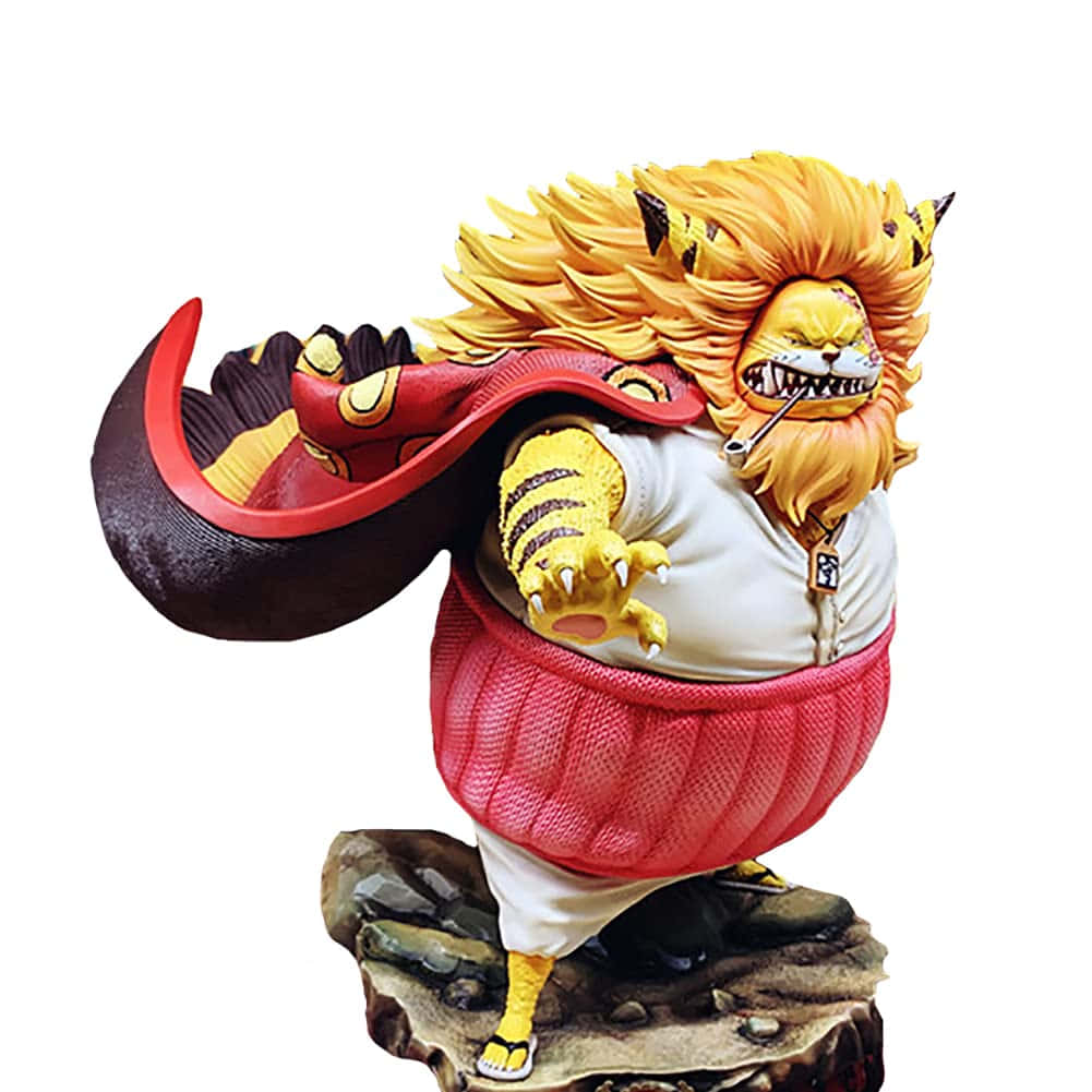 Nekomamushi 桌布 壁紙 — 一個兇猛的獅頭動漫角色，有著尖刺般的黃色頭髮和紅色斗篷，在岩石底座上向前猛撲。