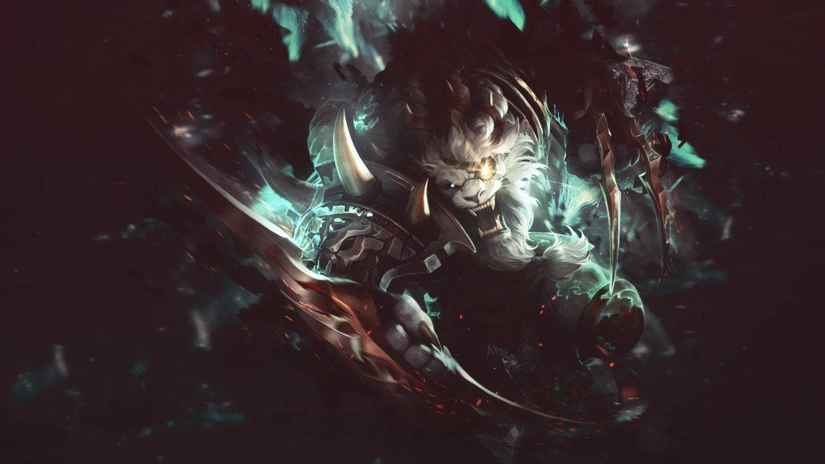 Deviantart 桌布 壁紙 — 一個兇猛的獅頭戰士身穿華麗盔甲，在旋轉的黑暗能量和餘燼中揮舞著發光的劍。