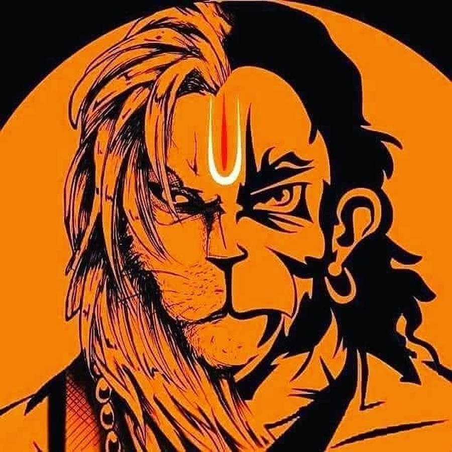 hanuman art 桌布 壁紙 — 一個兇猛的獅頭神祇插圖，額頭上有發光的U形標記，背景是鮮明的橙色圓形。
