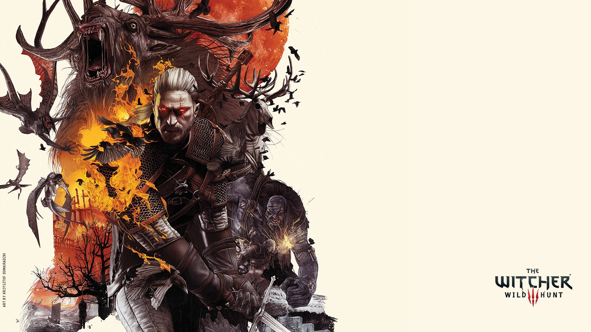 The Witcher 3 桌布 壁紙 — 一個兇猛的獵魔士，雙眼發出紅光，站在一隻長著鹿頭的怪物面前，背景是火紅的橙色月亮。