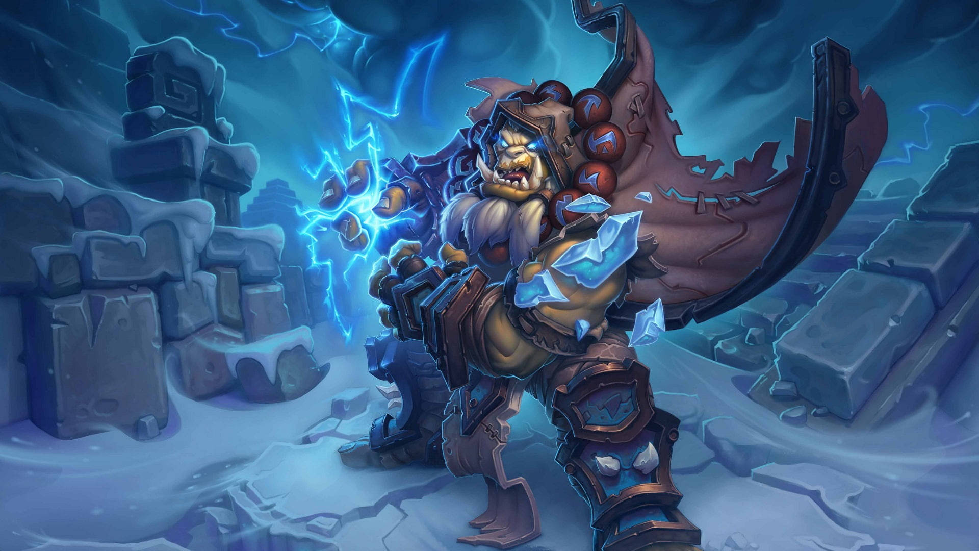 Death Knight 桌布 壁紙 — 一個兇猛的獸人戰士在暴風雨天空下的雪廢墟中引導藍色閃電。
