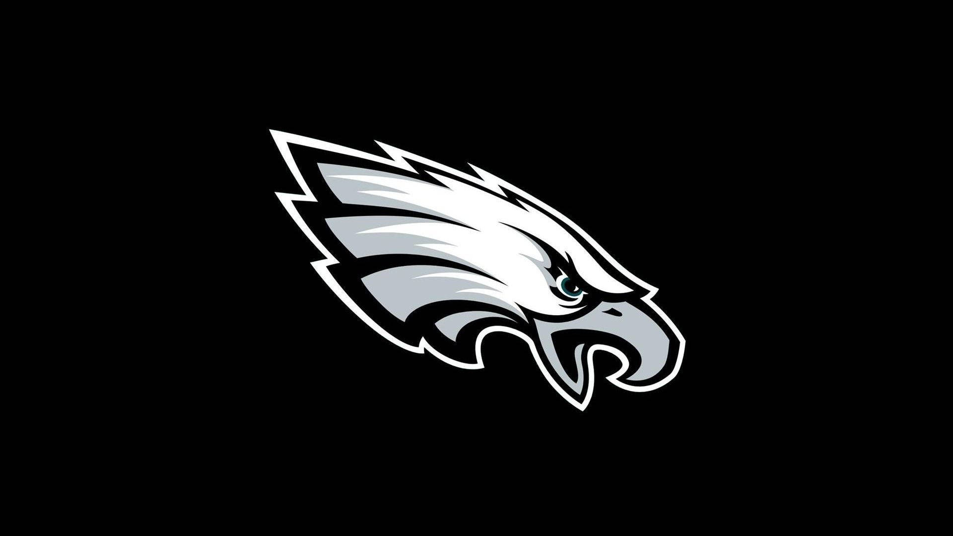 Eagles 桌布 壁紙 — 一個兇猛的白灰色鷹頭標誌，線條銳利，藍色眼睛銳利，置於純黑色背景上。