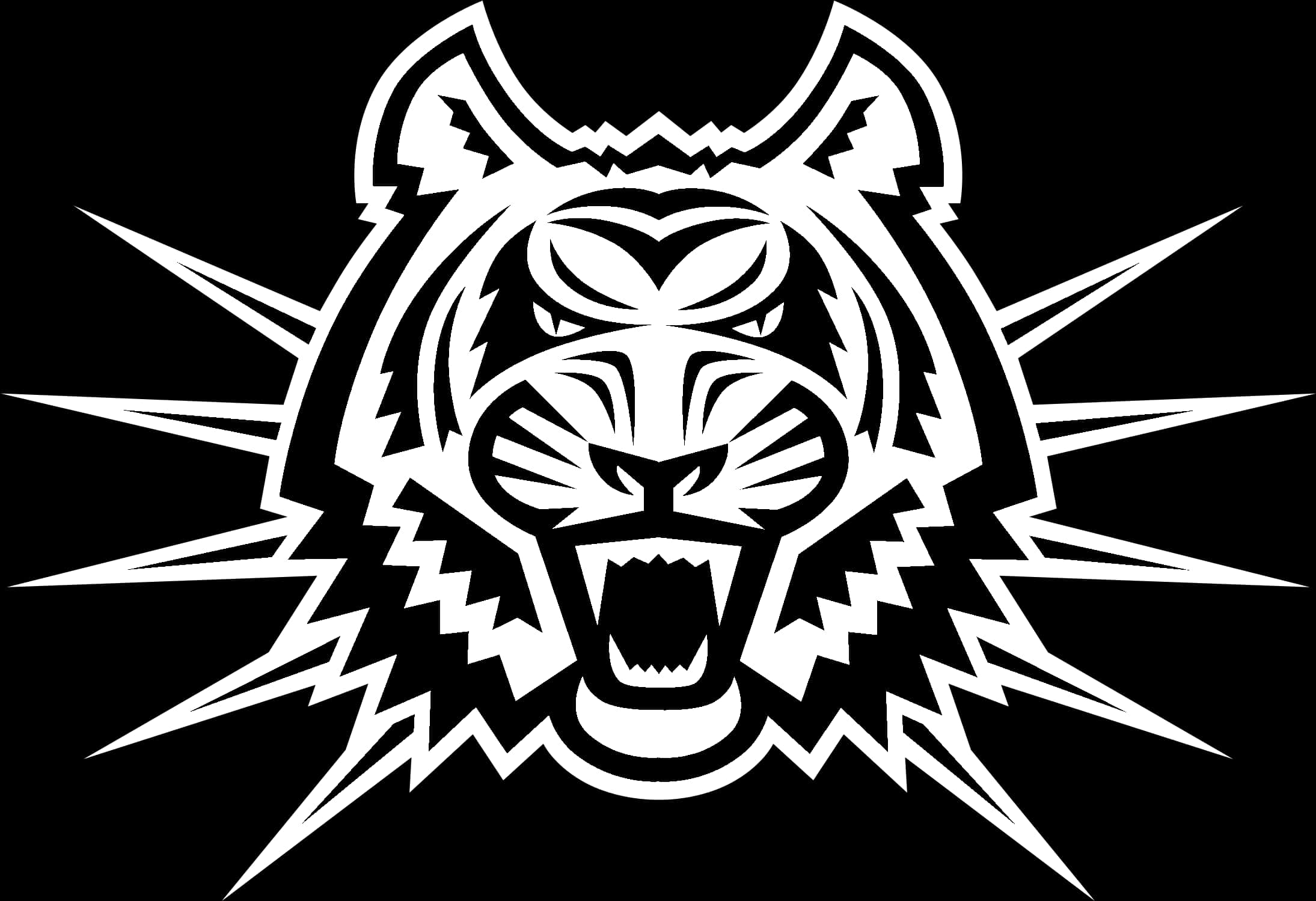 Mascot Logo 桌布 壁紙 — 一個兇猛的白虎頭，鋸齒狀閃電向外輻射，背景為黑色。