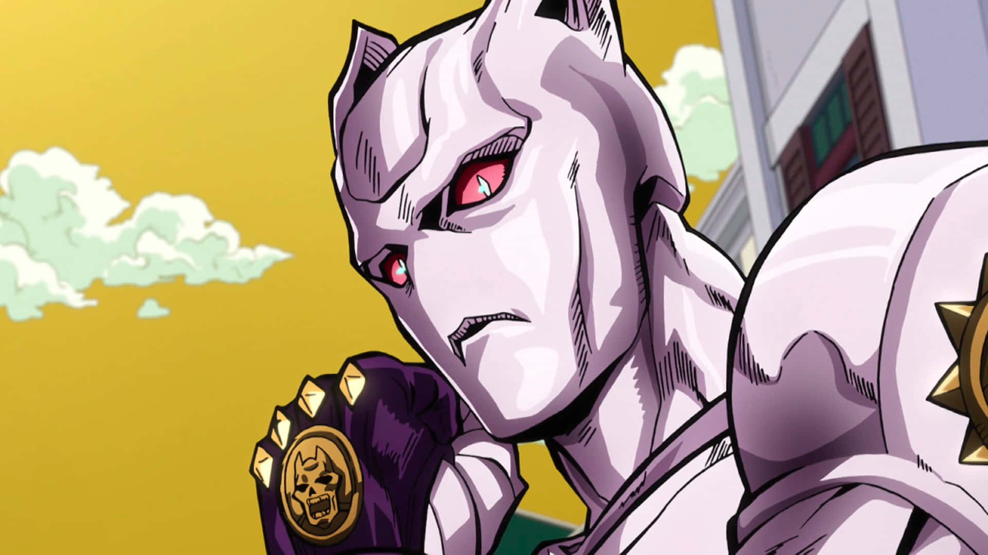 Jojo Stands 桌布 壁紙 — 一個兇猛的白貓動漫角色，擁有紅眼睛和紫色手套，在黃色天空和雲朵背景下凝視著。