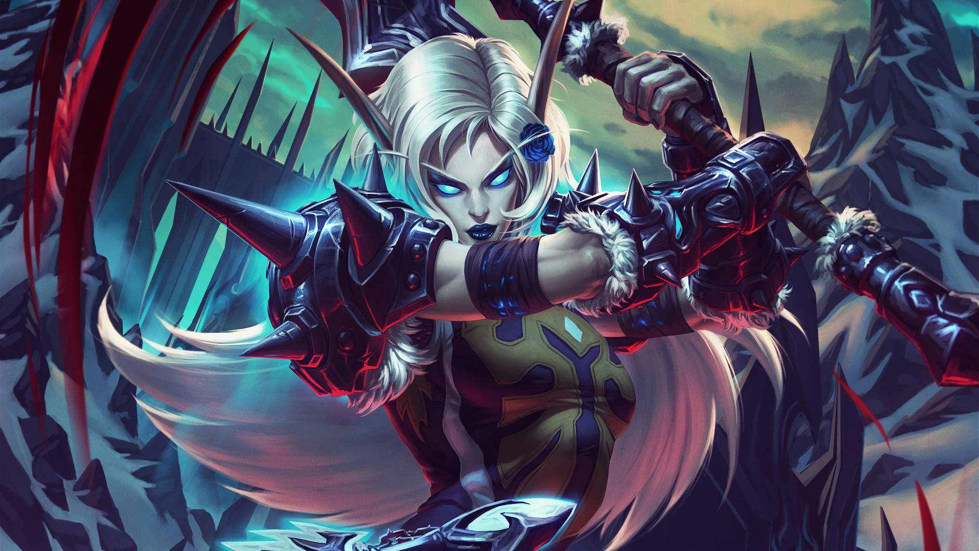 Death Knight 桌布 壁紙 — 一個兇猛的白髮獸人戰士，身穿尖刺盔甲，在崎嶇的山脈背景下揮舞著發光的斧頭。