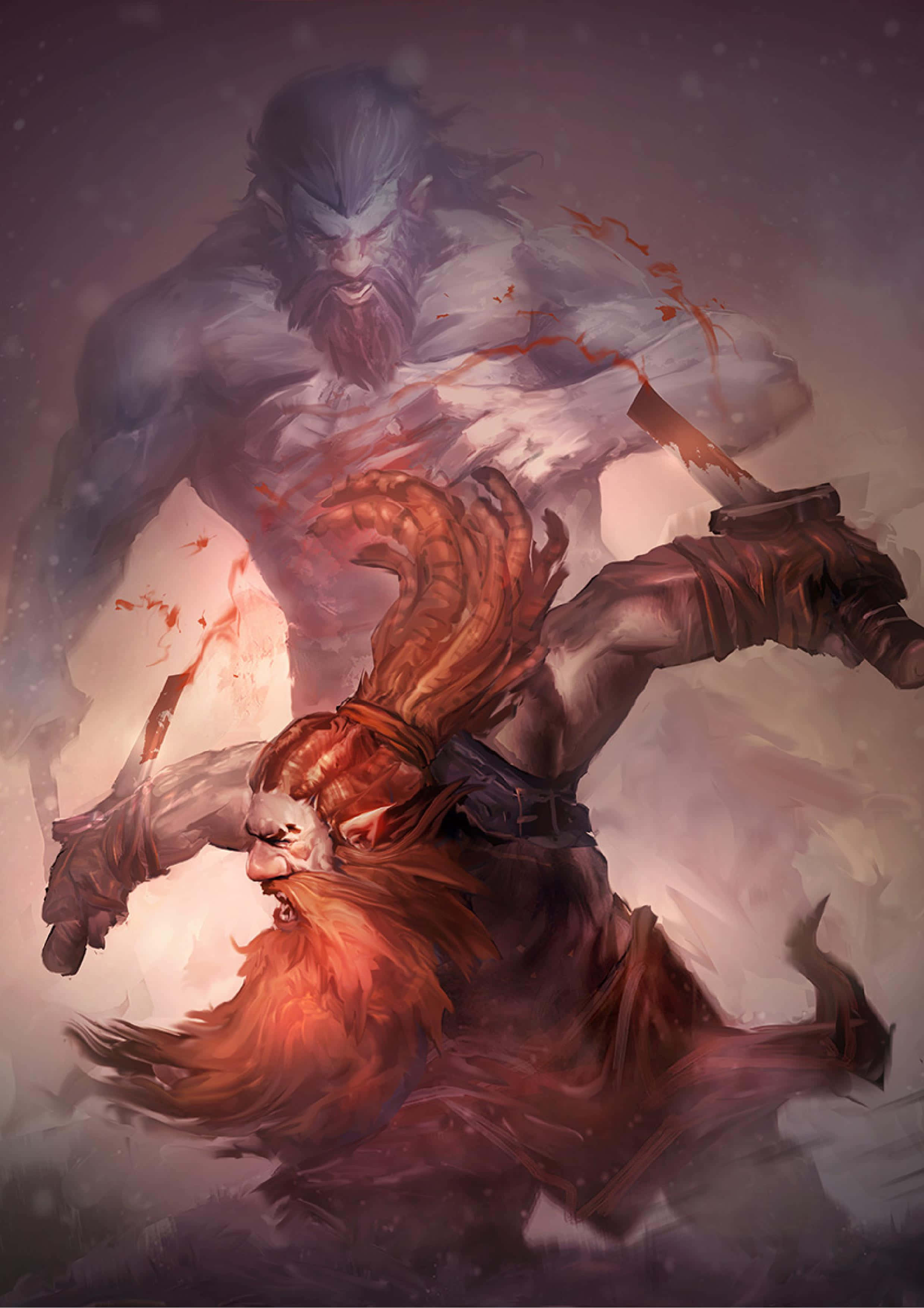 Thieves Guild 桌布 壁紙 — 一個兇猛的矮人戰士，留著火焰般的鬍鬚，與一個高聳、血跡斑斑的巨人在一場戲劇性的奇幻戰鬥中交鋒。