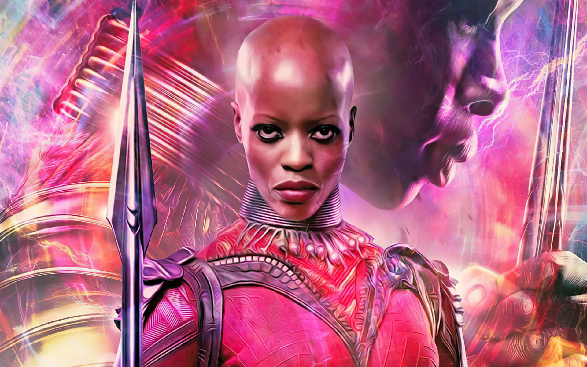 Dora Milaje 桌布 壁紙 — 一個兇猛的禿頭戰士穿著粉紅色盔甲，手持長矛，面對著由紫色閃電和發光能量組成的宇宙風暴。