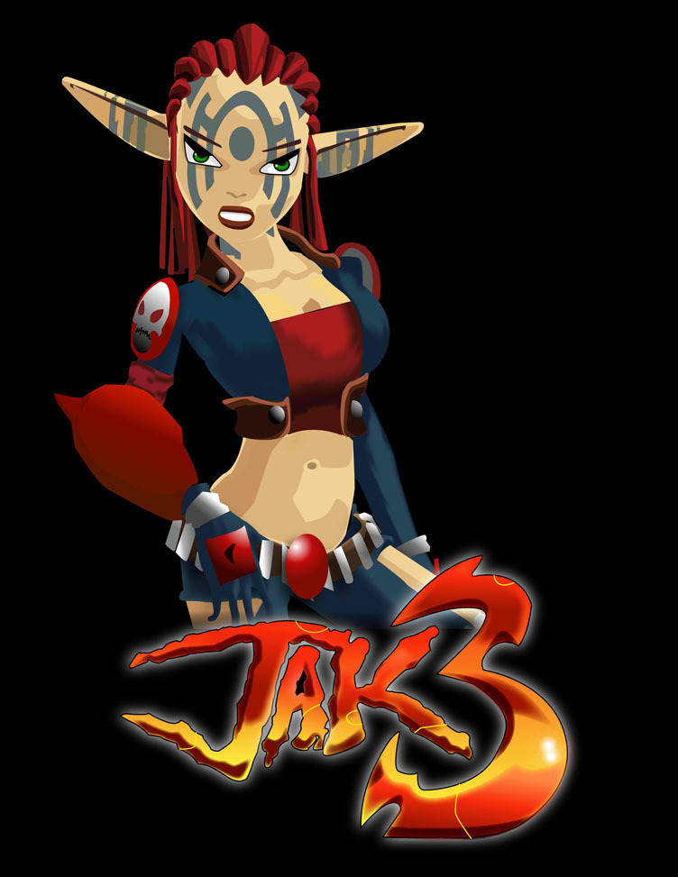 Jak 3 桌布 壁紙 — 一個兇猛的精靈戰士，紅色辮子頭髮和部落臉部彩繪，自信地站在黑色背景前，下方有火焰般的 Jak 3 標誌。
