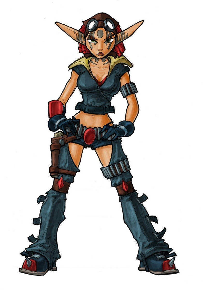 Jak 3 桌布 壁紙 — 一個兇猛的精靈戰士，紅髮戴護目鏡，自信地穿著深藍和紅色裝備，站在純白背景前。