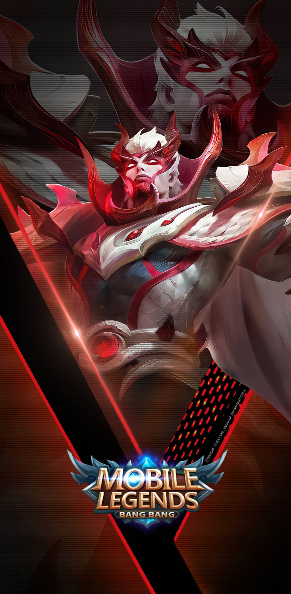 Mobile Legends 動態圖 桌布 壁紙 — 一個兇猛的紅白裝甲惡魔戰士，眼睛發光，披風飄逸，在黑暗背景中動態站立，帶有遊戲標誌。