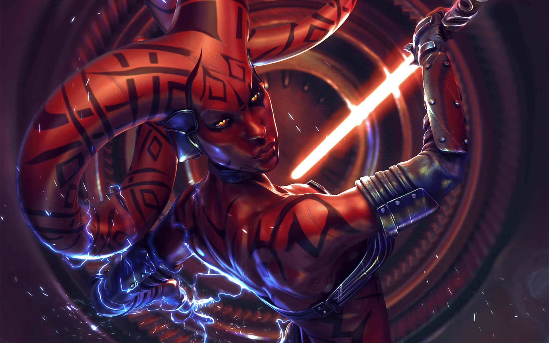 Twi'lek 桌布 壁紙 — 一個兇猛的紅皮膚戰士，眼睛發光，在旋轉的黑暗能量和電藍色火花中揮舞著明亮的橙色光劍。