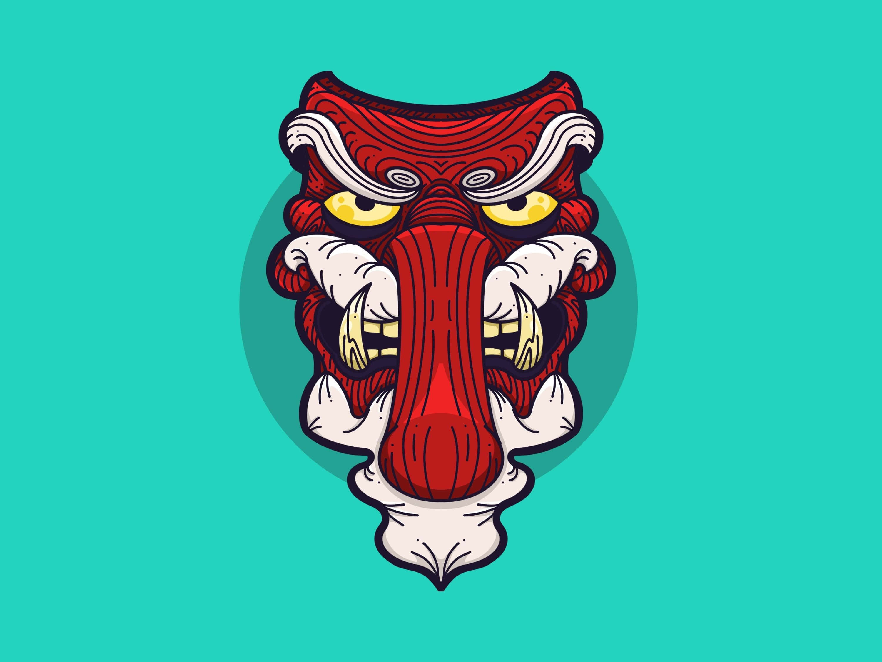 Tengu 桌布 壁紙 — 一個兇猛的紅色日本鬼面具，帶有黃色眼睛和白色點綴，置於青綠色背景上。