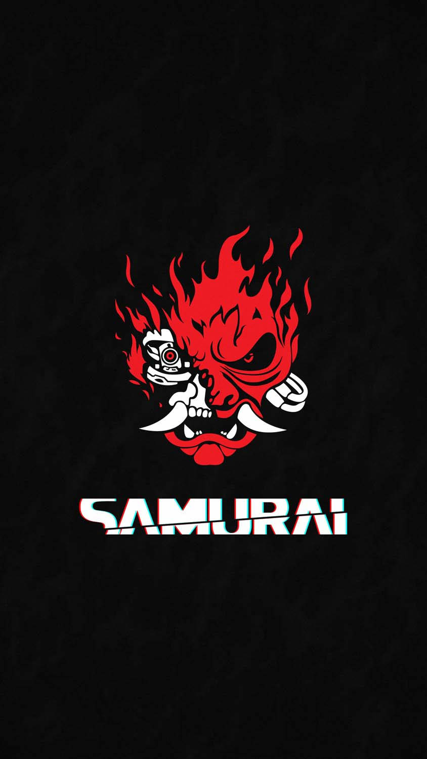 紅色火焰武士面具手持槍支，下方有「SAMURAI」文字。 — 武士動畫 壁紙