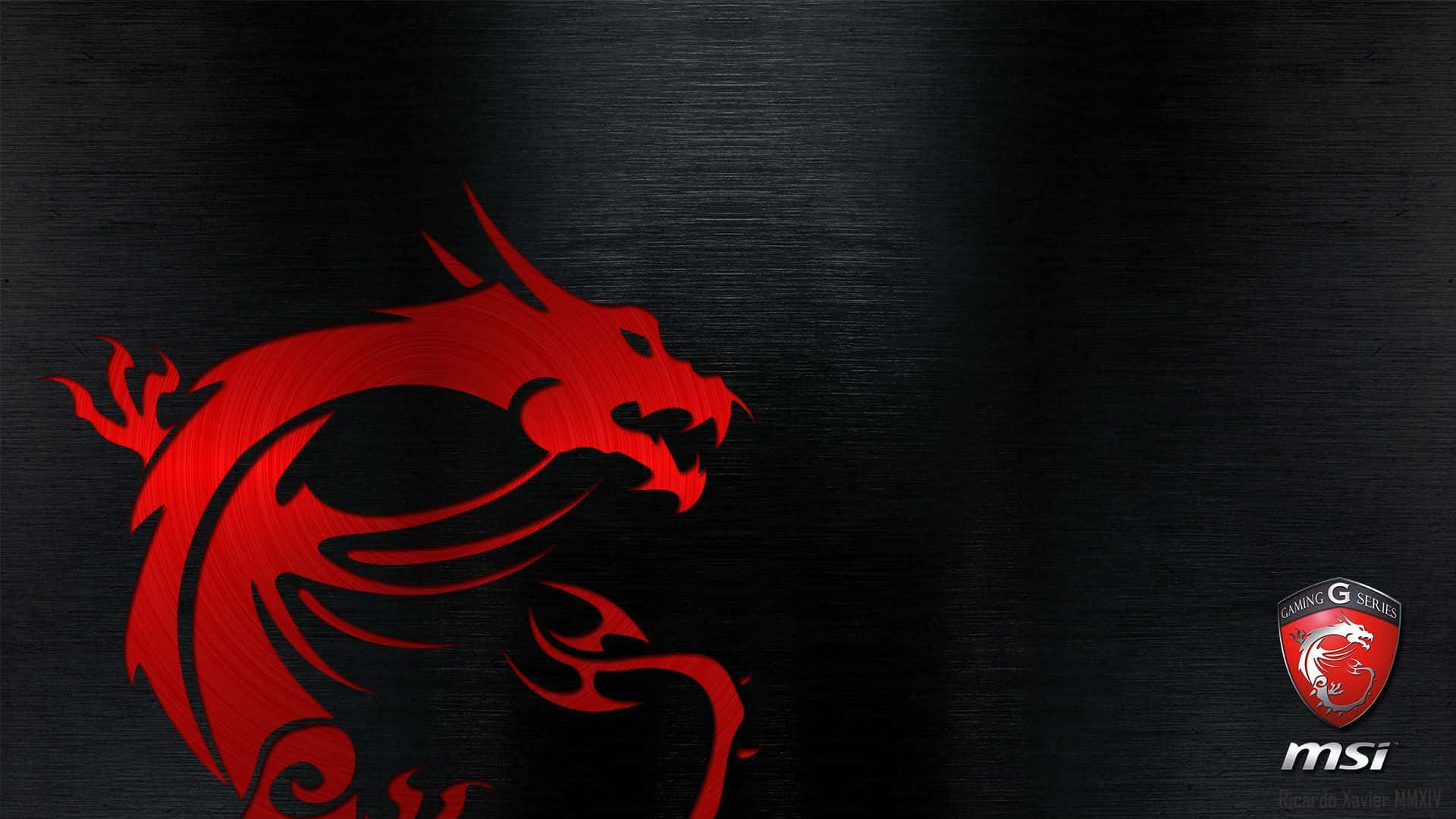 微星 桌布 壁紙 — 一個兇猛的紅色龍標誌在拉絲黑色金屬背景上發光，帶有MSI遊戲品牌標識。
