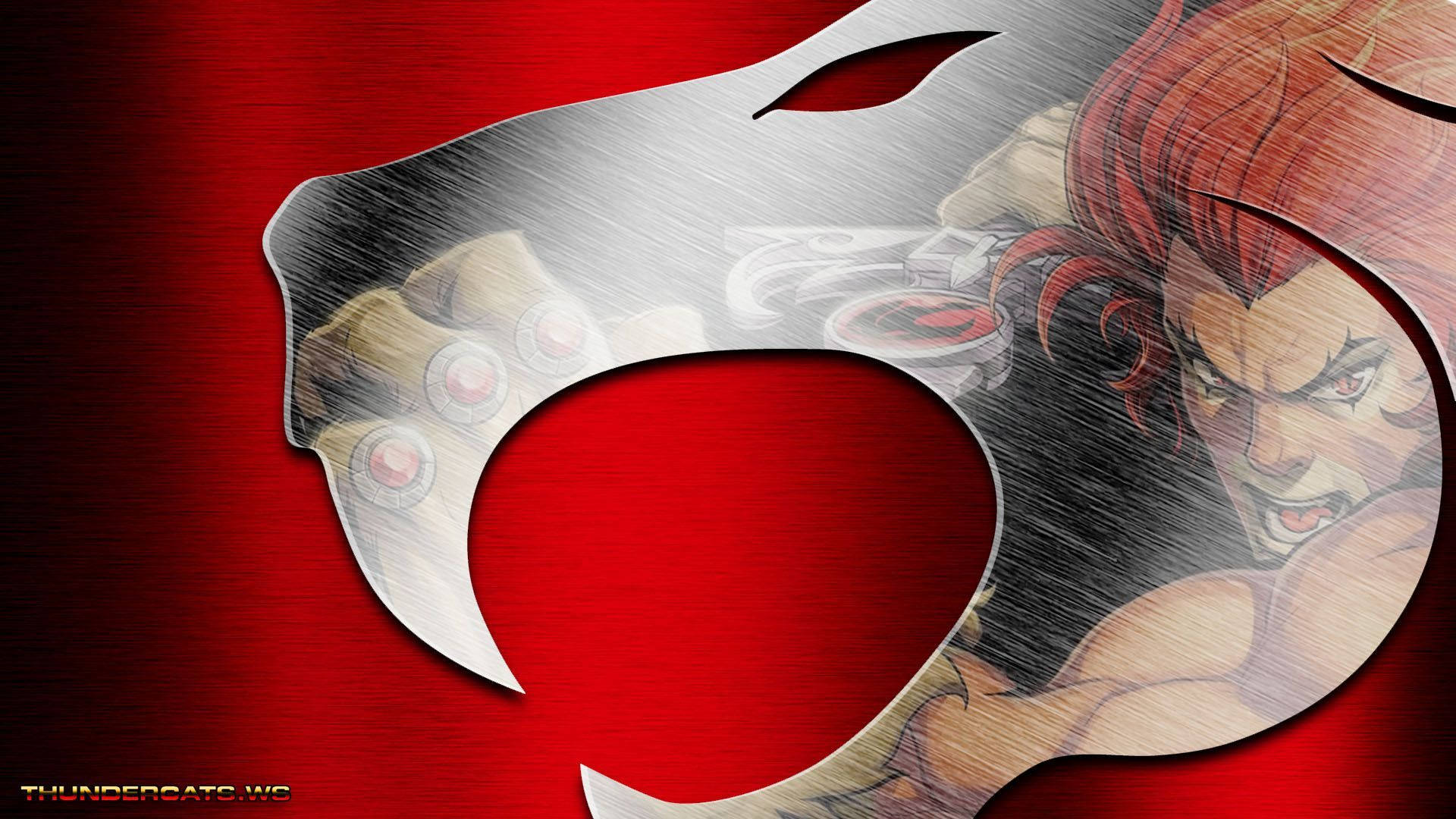 Thundercats 桌布 壁紙 — 一個兇猛的紅髮動漫戰士，擁有發光的眼睛和機械手臂，從金屬銀龍剪影中浮現，背景為紋理紅色。