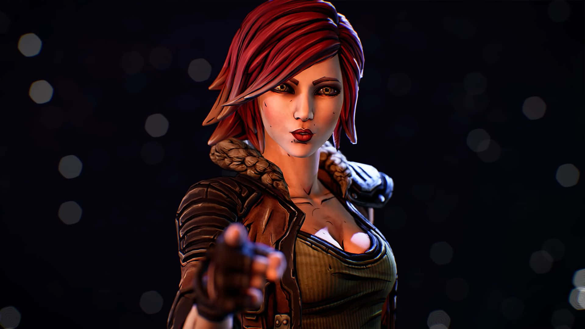 Borderlands 3 桌布 壁紙 — 一個兇猛的紅髮女人穿著皮甲，在黑暗的散景背景前直接指向觀眾。