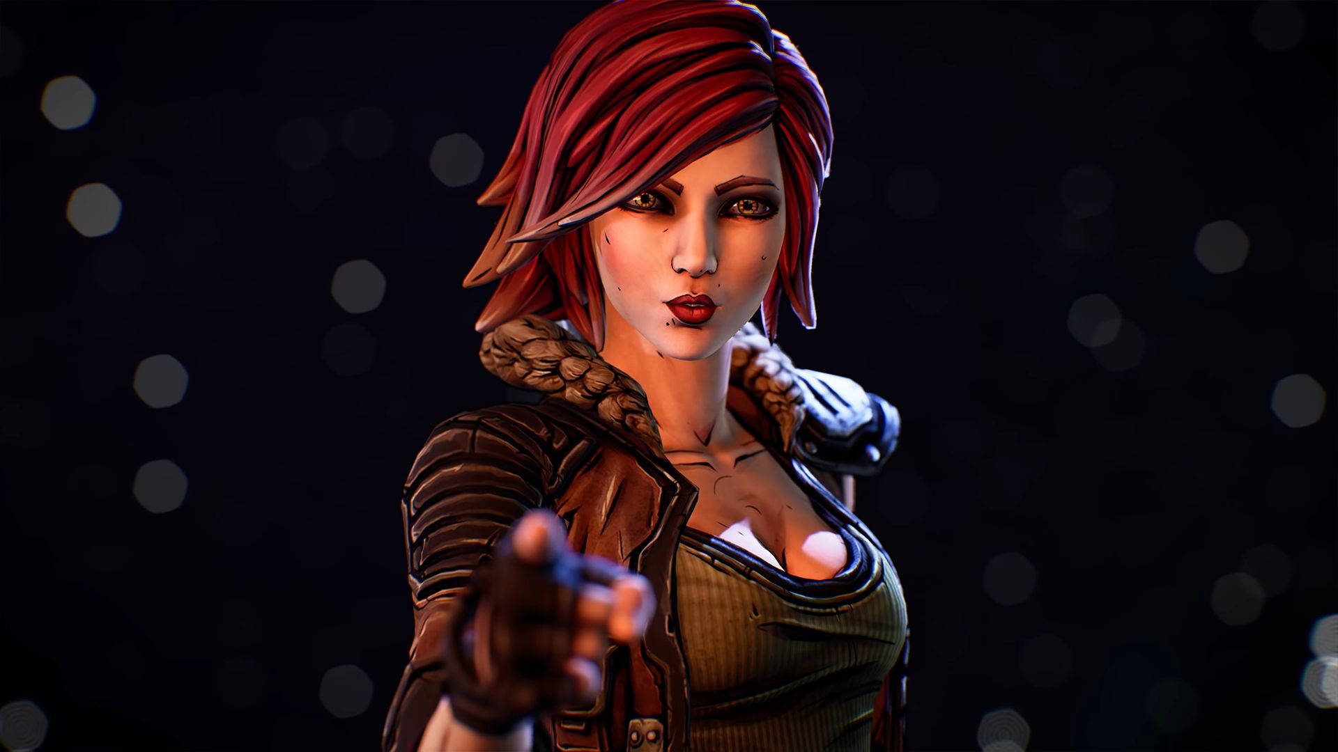Borderlands 3 桌布 壁紙 — 一個兇猛的紅髮女人穿著皮革盔甲，在黑暗的散景背景下直接指向觀眾。