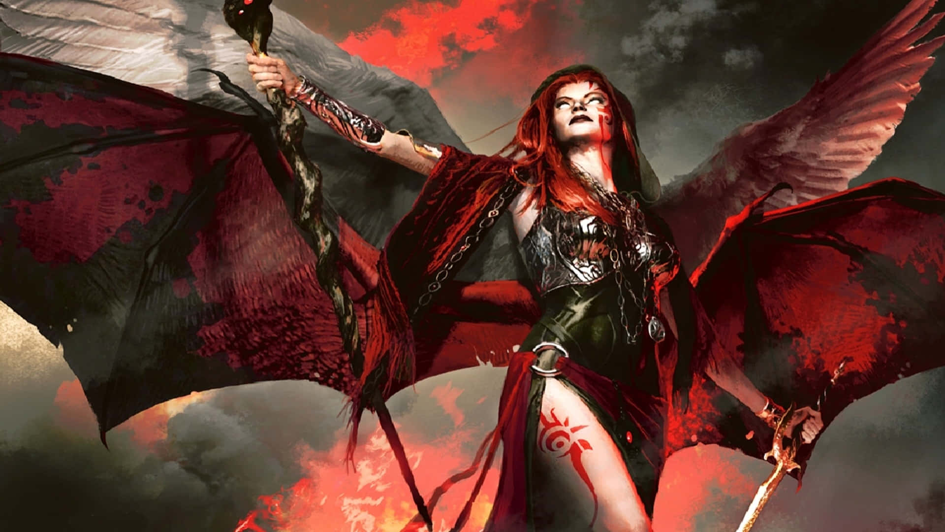 桌布 壁紙 — 一個兇猛的紅髮女惡魔，帶著血跡斑斑的翅膀和盔甲，挑釁地站在熾熱的深紅色天空下。