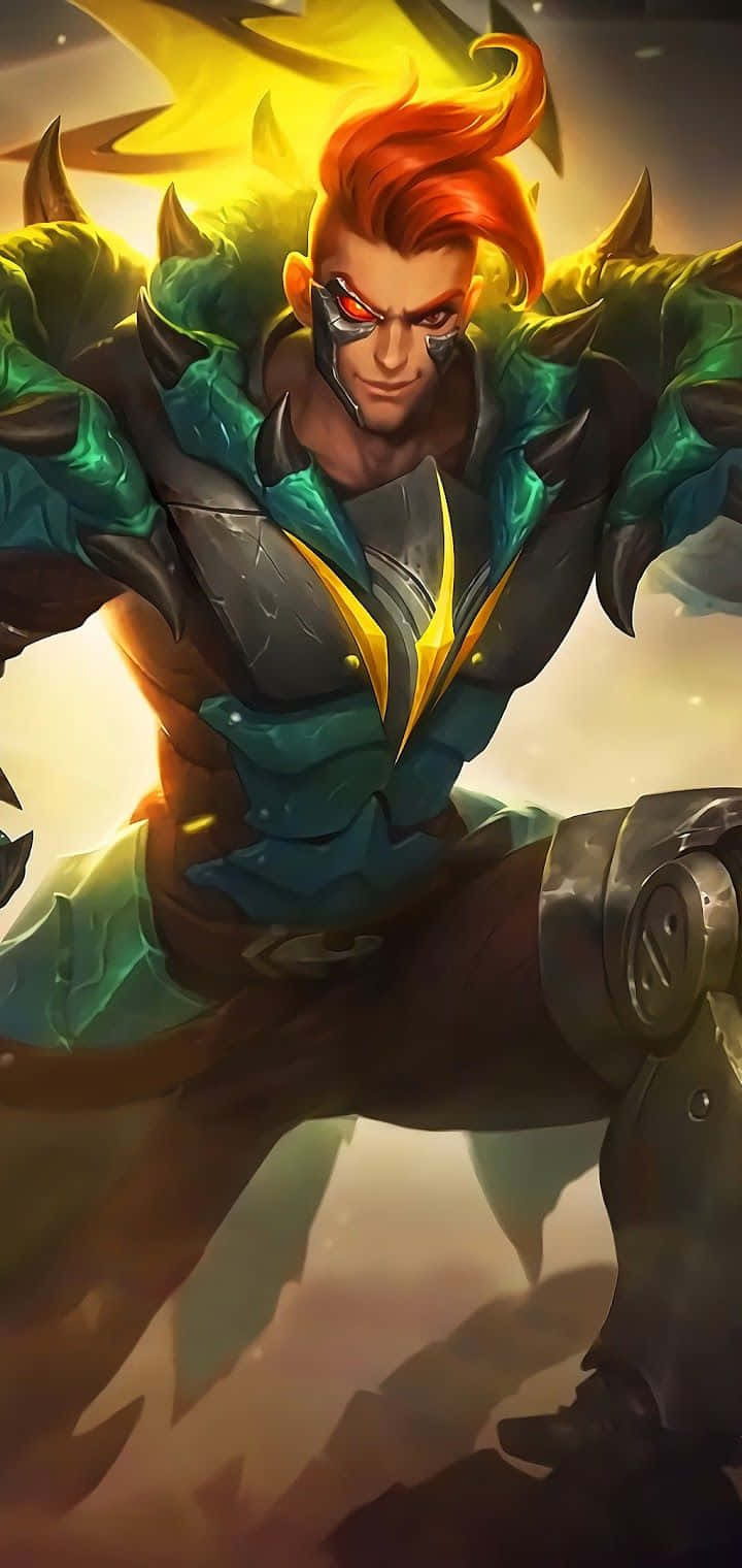 Mobile Legends 動態圖 桌布 壁紙 — 一個兇猛的紅髮戰士，身穿青綠色和黑色盔甲，帶有發光的黃色點綴和尖刺肩甲，擺出動態的戰鬥姿勢。