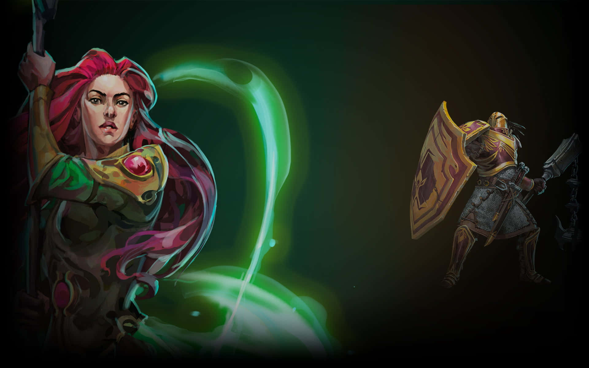 電玩遊戲 桌布 壁紙 — 一個兇猛的紅髮戰士引導發光的綠色魔法，而一個裝甲騎士在昏暗的光線中準備好盾牌和斧頭。