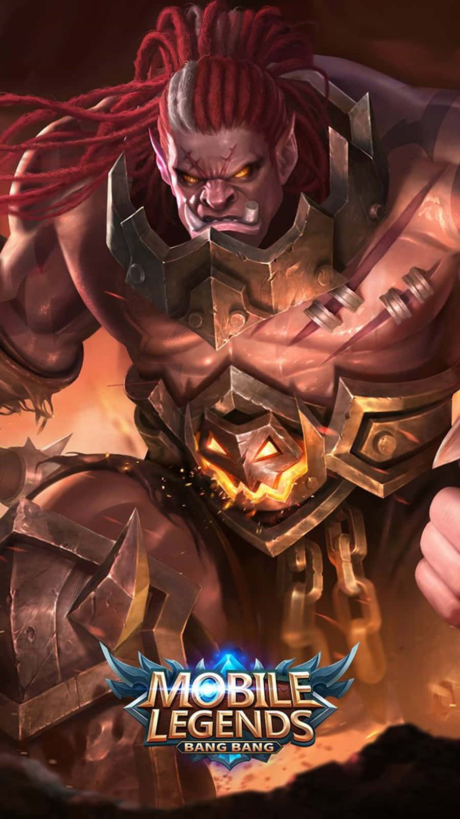 兇猛戰士，紅色辮子頭，發光南瓜武器，在熾熱的戰鬥場景中。 — Mobile Legends 動態圖 壁紙