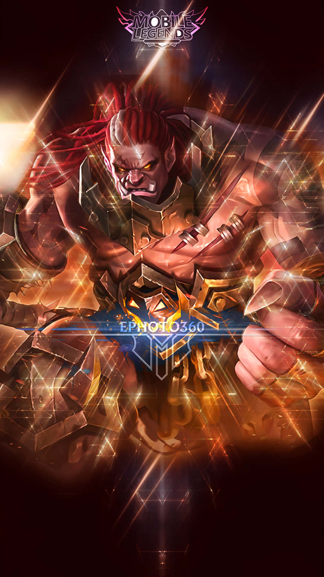 Mobile Legends 動態圖 桌布 壁紙 — 一個兇猛的紅髮戰士身穿金色盔甲，雙眼發光咆哮，周圍環繞著耀眼的光效。