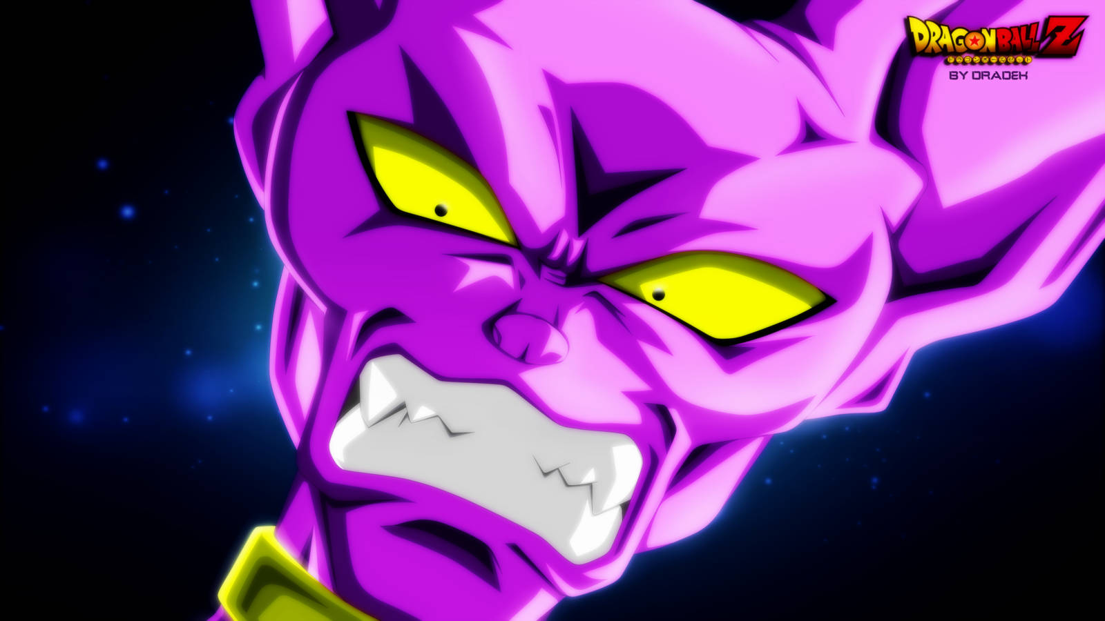 Beerus 桌布 壁紙 — 一個兇猛的紫色動漫角色，擁有發光的黃色眼睛，對著星光宇宙背景咆哮。