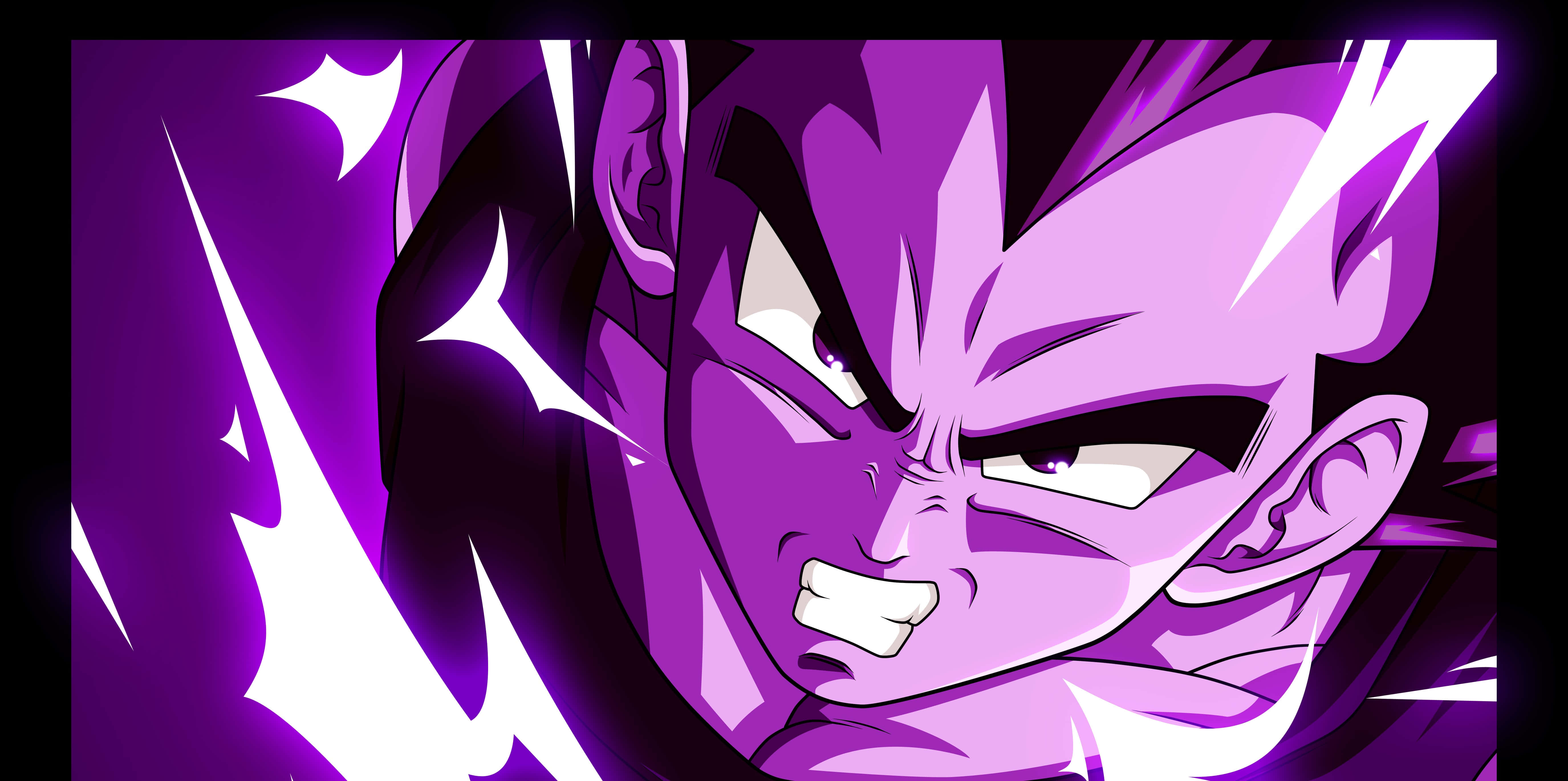 Vegeta Galick Gun 桌布 壁紙 — 一個兇猛的紫色頭髮動漫角色，擁有發光的眼睛和鋒利的牙齒，在帶有白色能量條紋的深紫色背景上咆哮。