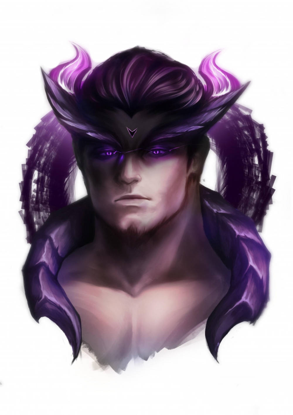 Mobile Legends 動態圖 桌布 壁紙 — 一個兇猛的紫髮惡魔，擁有發光的眼睛和角狀頭飾，在純白背景下強烈凝視。