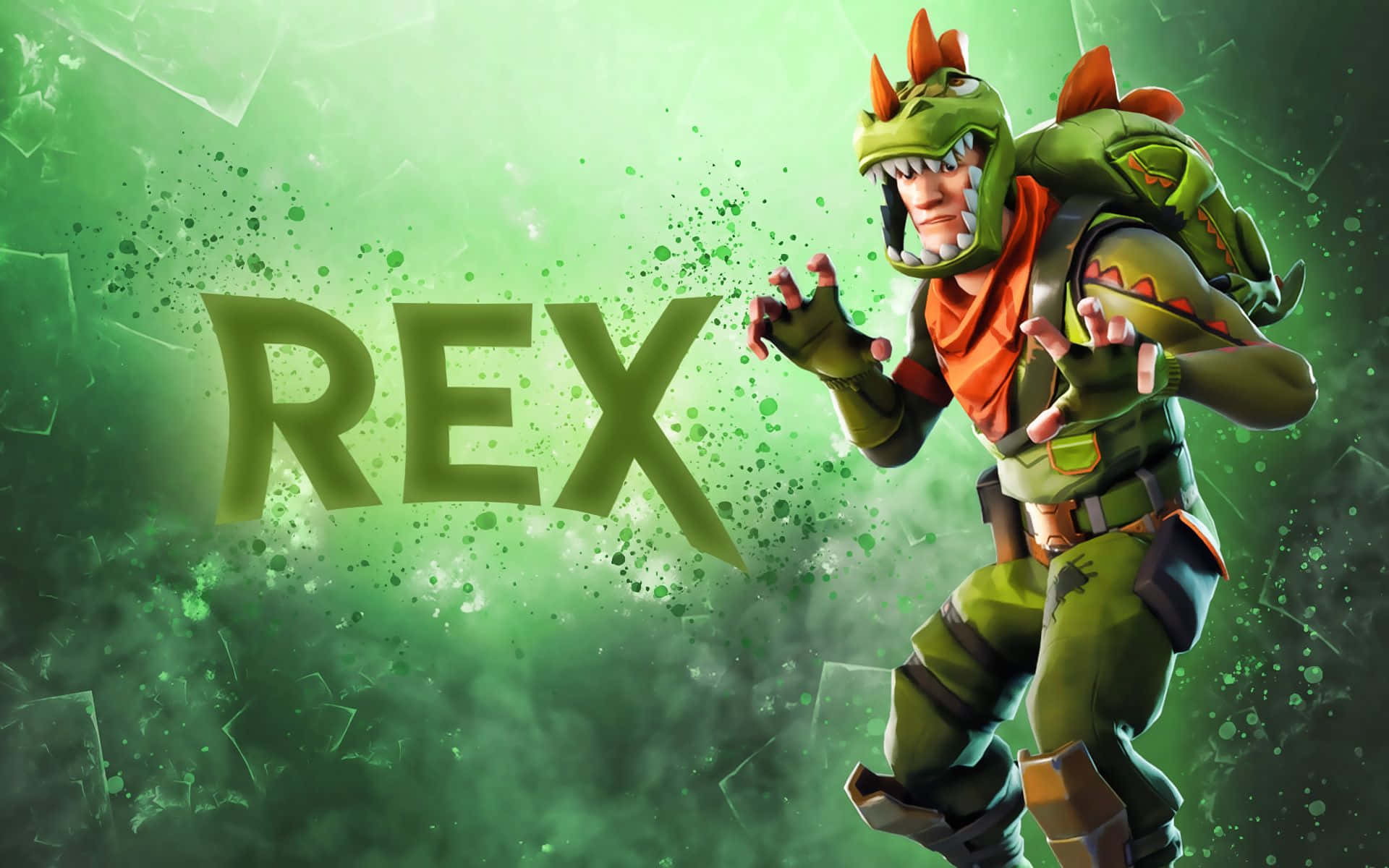 Fortnite Character 桌布 壁紙 — 一個兇猛的綠色恐龍主題角色身穿戰鬥裝備，在充滿活力的綠色潑濺背景上向前猛衝，並帶有「REX」字樣。