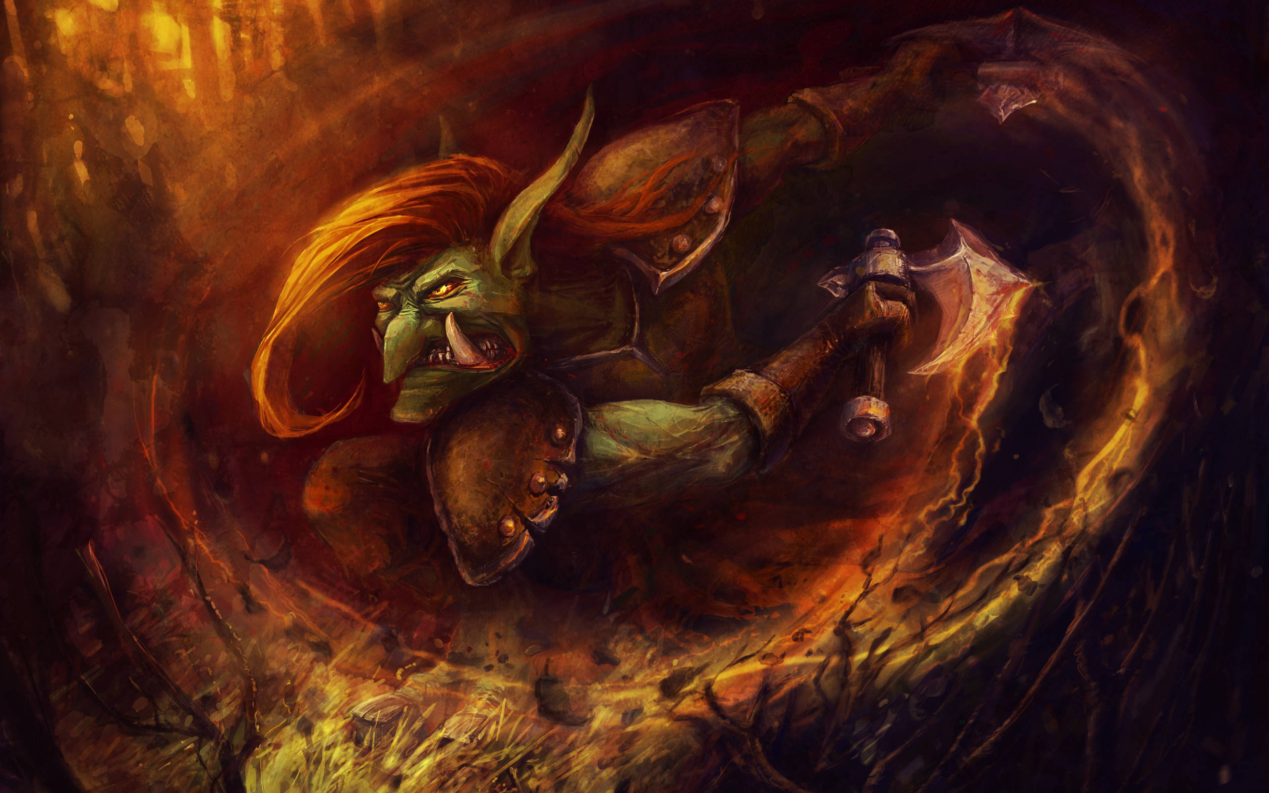 dota 2 4K 桌布 壁紙 — 一個兇猛的綠色獸人，有著火焰般的頭髮，在黑暗、戲劇性的奇幻場景中，於旋轉的火焰中揮舞著戰斧。