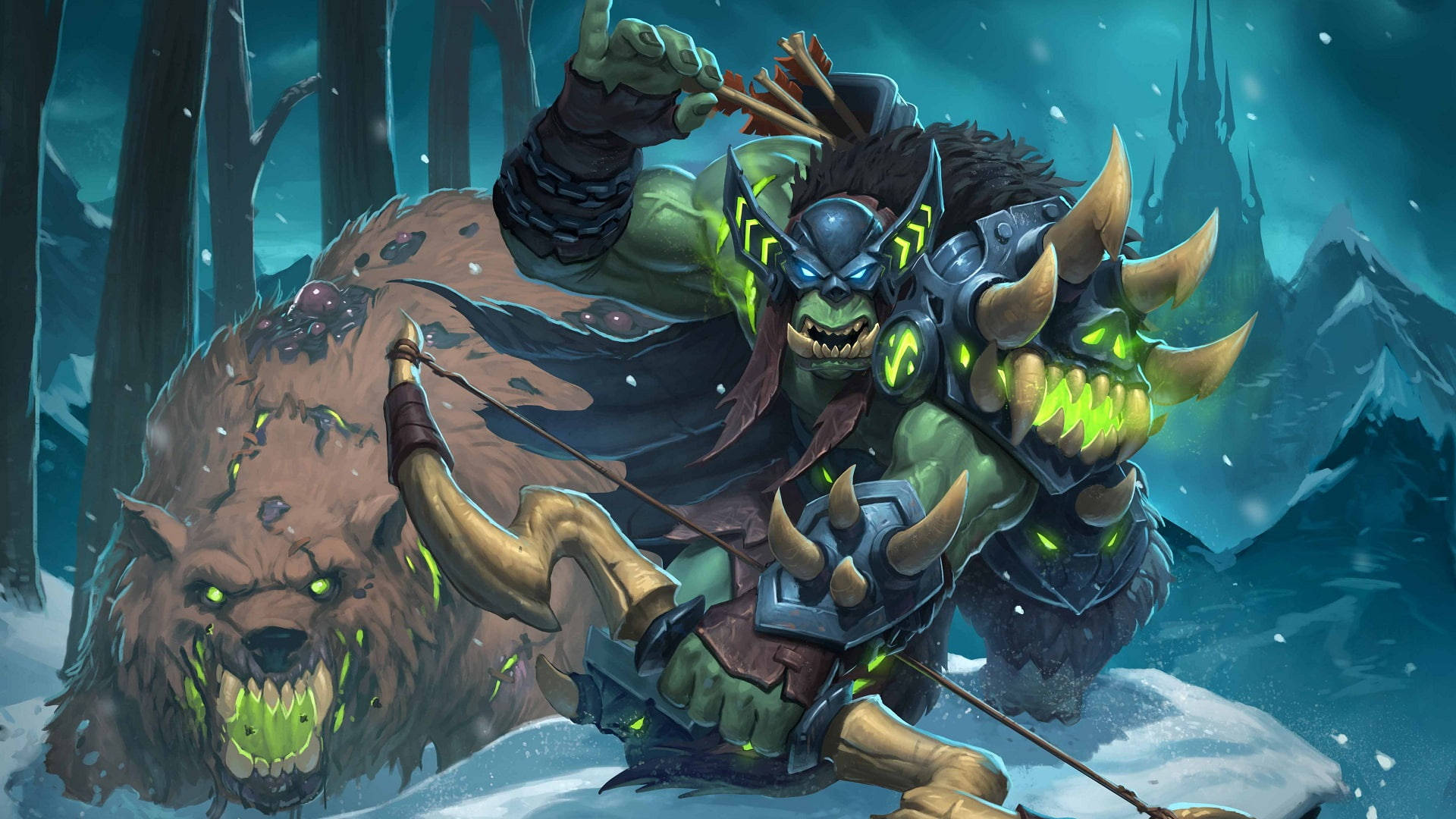 Death Knight 桌布 壁紙 — 一個兇猛的綠色獸人戰士，眼睛發光，騎著一頭巨大的雪覆蓋的熊，穿過月光下的黑暗雪林。
