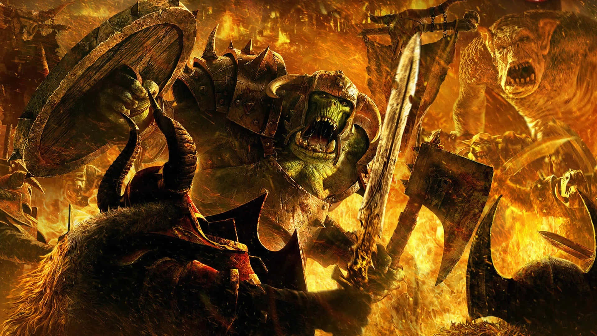 Best Total War Warhammer 桌布 壁紙 — 一個兇猛的綠色獸人戰士咆哮著，揮舞劍和盾牌，身處熾熱的戰場，身旁有怪物盟友。