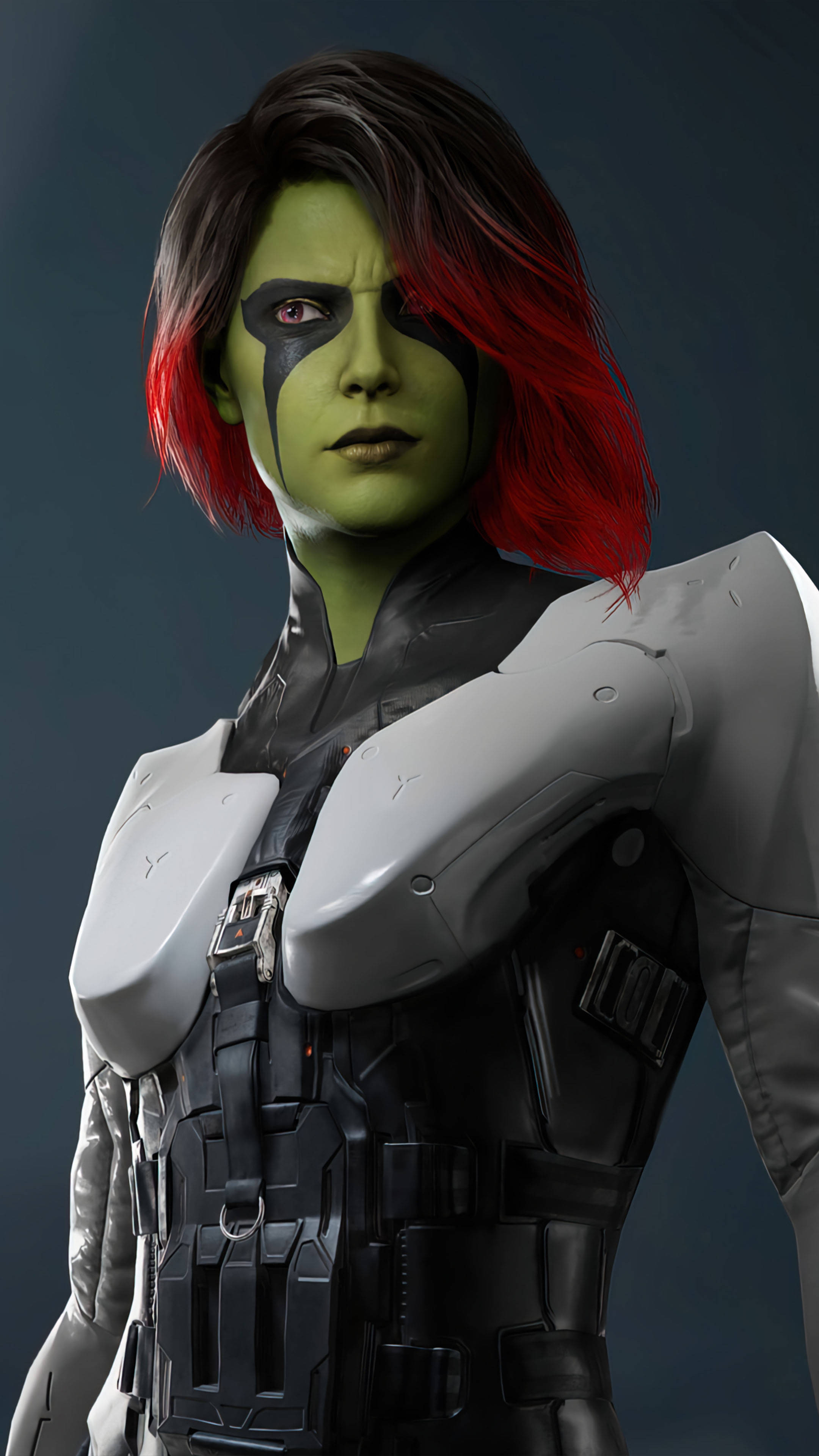 4K Guardians Of The Galaxy 桌布 壁紙 — 一個兇猛的綠色皮膚女戰士，紅髮黑面彩，身穿未來盔甲，背景黑暗。