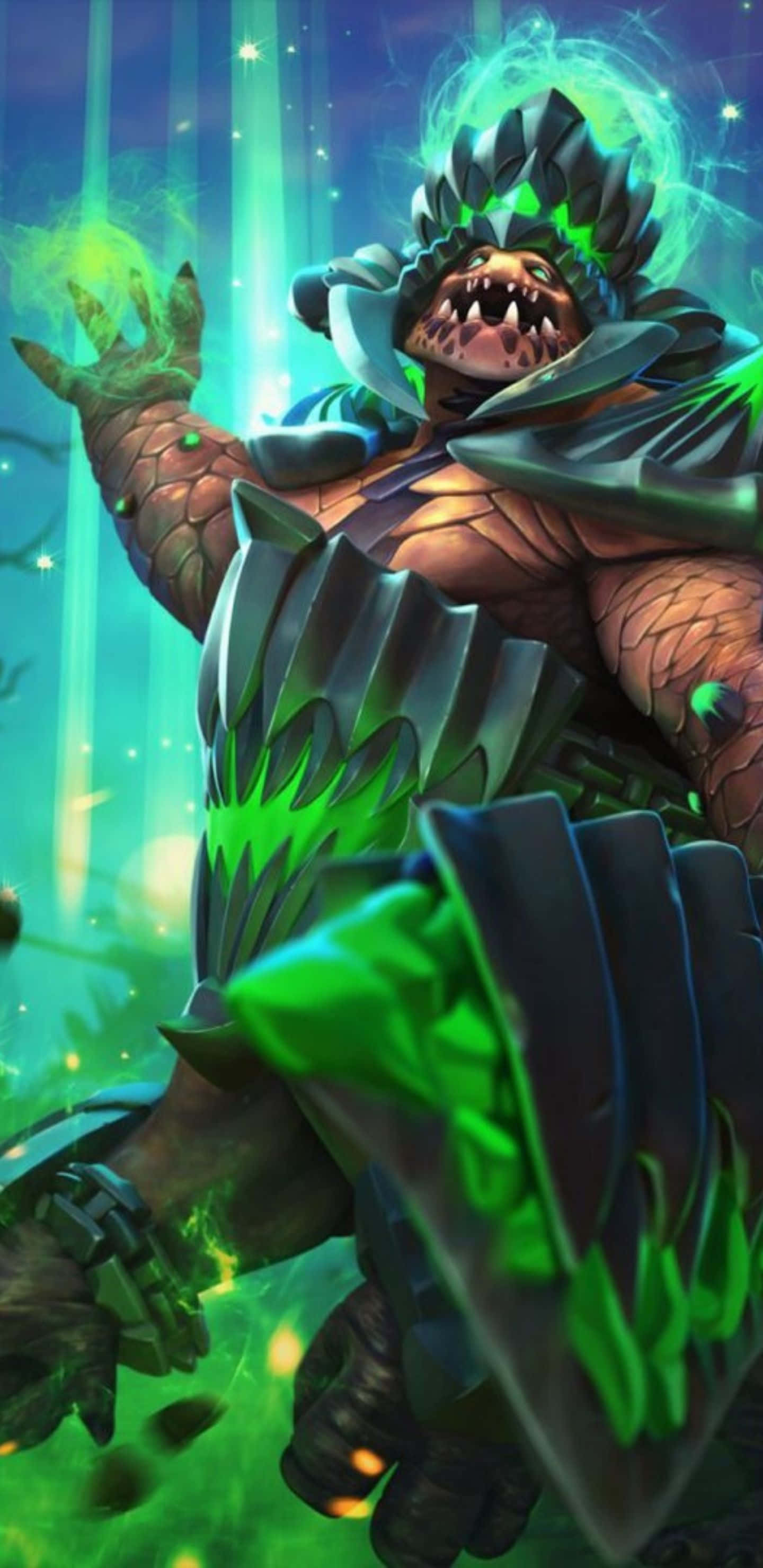 Pixel 3xl Dota 2 桌布 壁紙 — 一個兇猛的綠色皮膚幻想戰士，帶著發光的能量和尖刺盔甲，站在夜晚的神秘森林中。