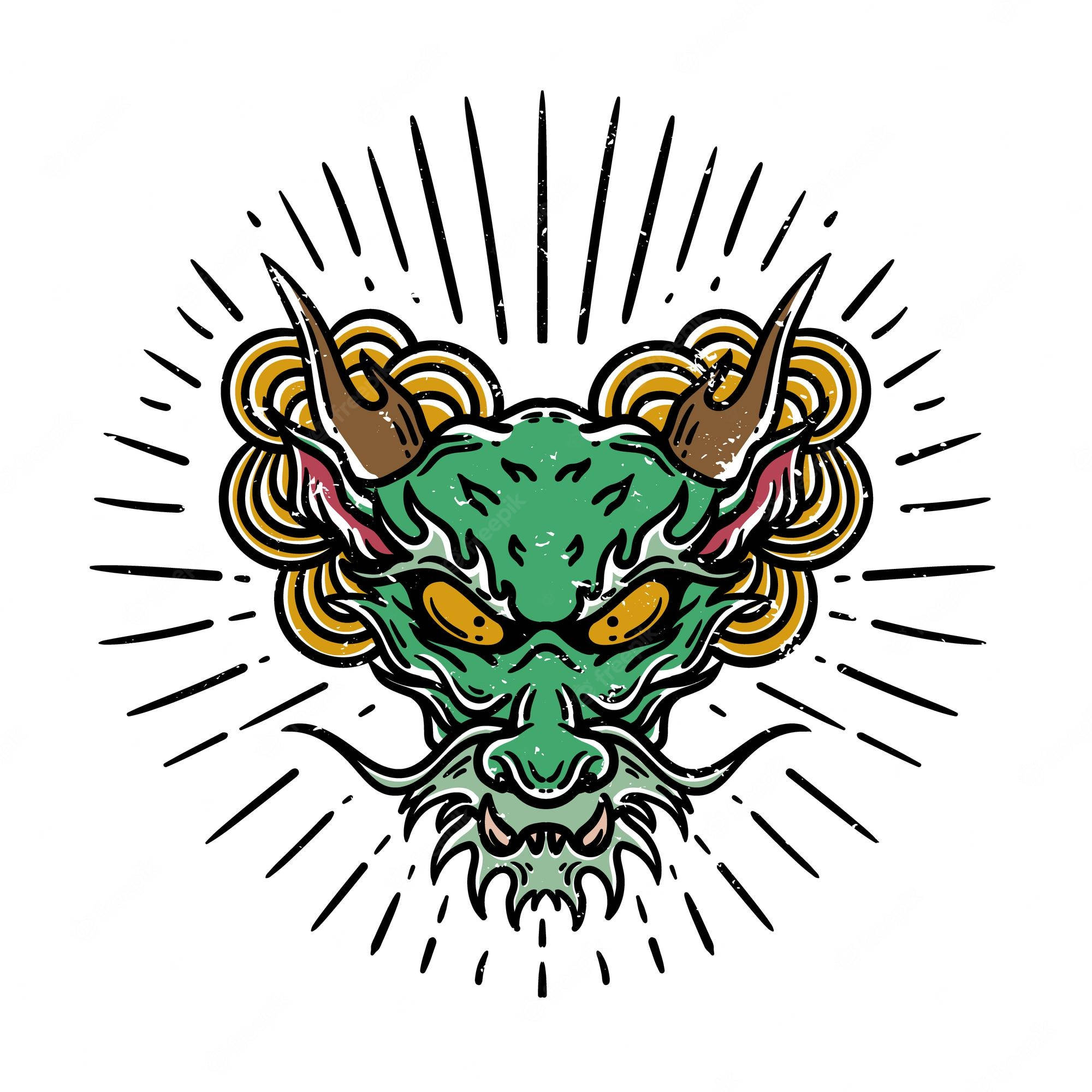 Japanese Dragon Tattoo 桌布 壁紙 — 一個兇猛的綠色龍頭，黃色眼睛和棕色角，從黑色線條和金色雲朵的圓形爆發中放射出來。