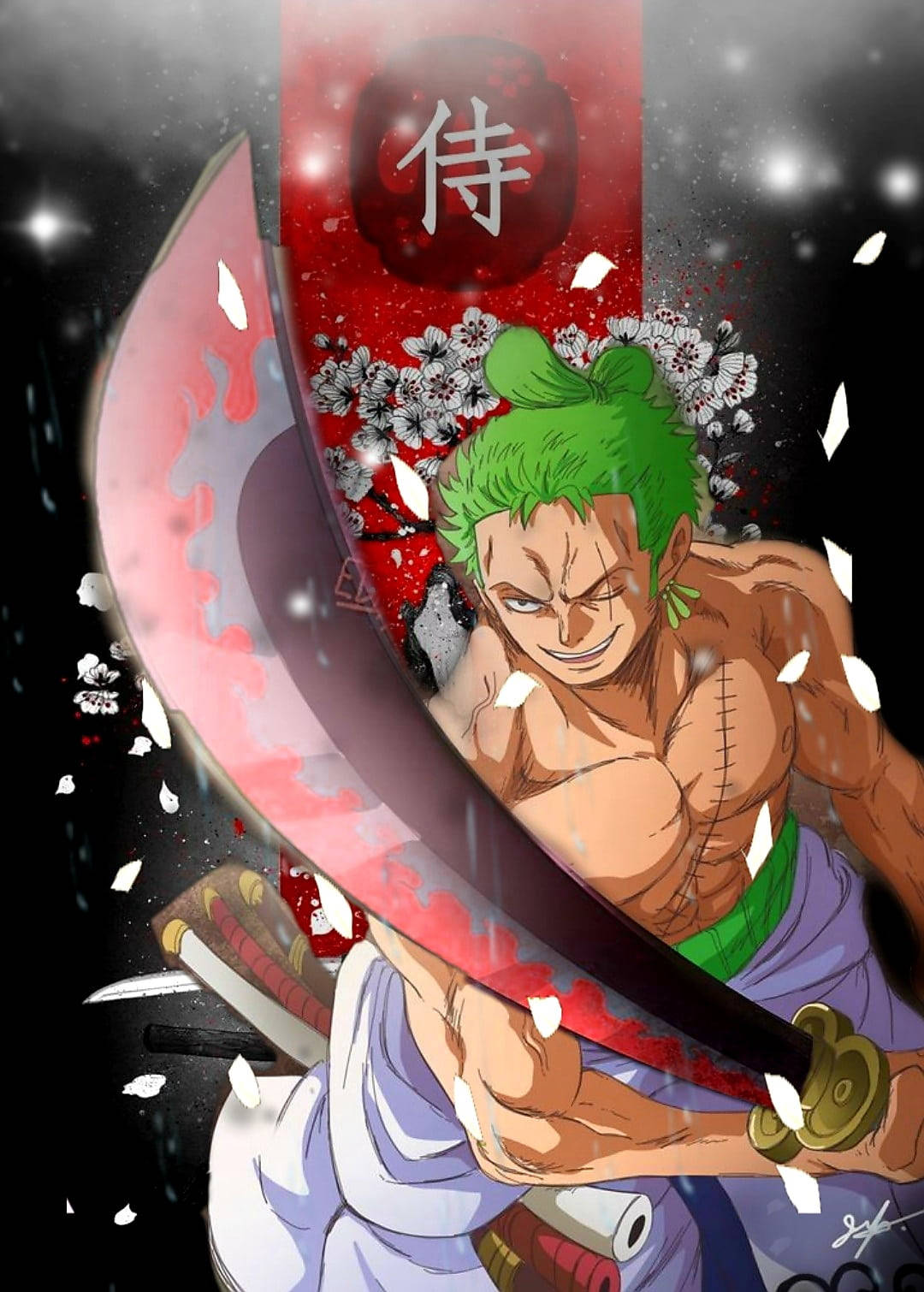 綠髮動漫戰士揮舞著一把大劍，櫻花在他周圍飄落。 — 索隆 GIF 壁紙