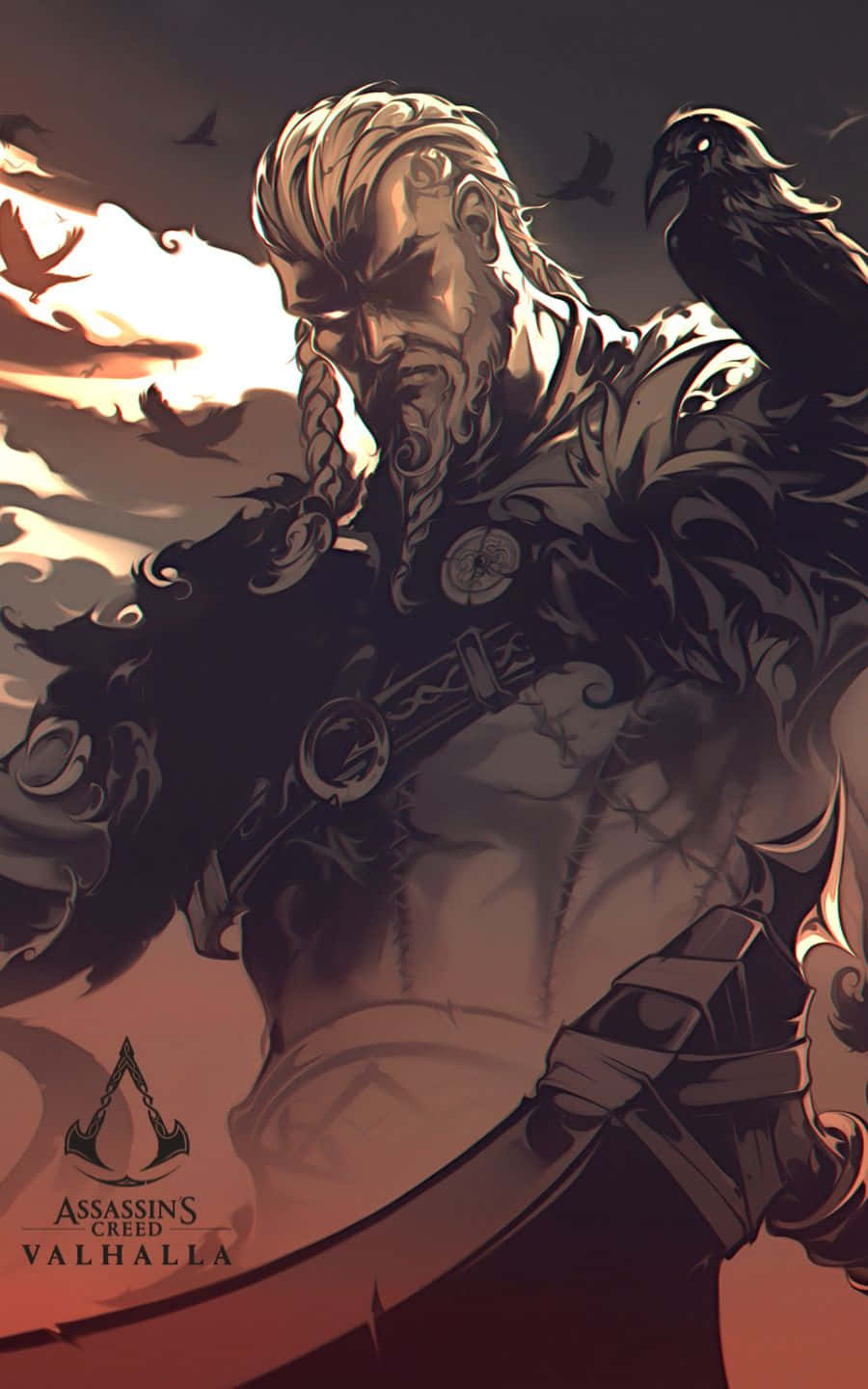 character 桌布 壁紙 — 一個兇猛的維京戰士，編著辮子，肩上棲息著一隻烏鴉，站在熾熱的日落天空前。
