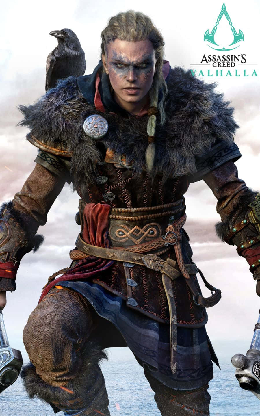 assassin's creed 桌布 壁紙 — 一個兇猛的維京戰士，肩上棲息著一隻烏鴉，在暴風雨的海岸場景中準備就緒。